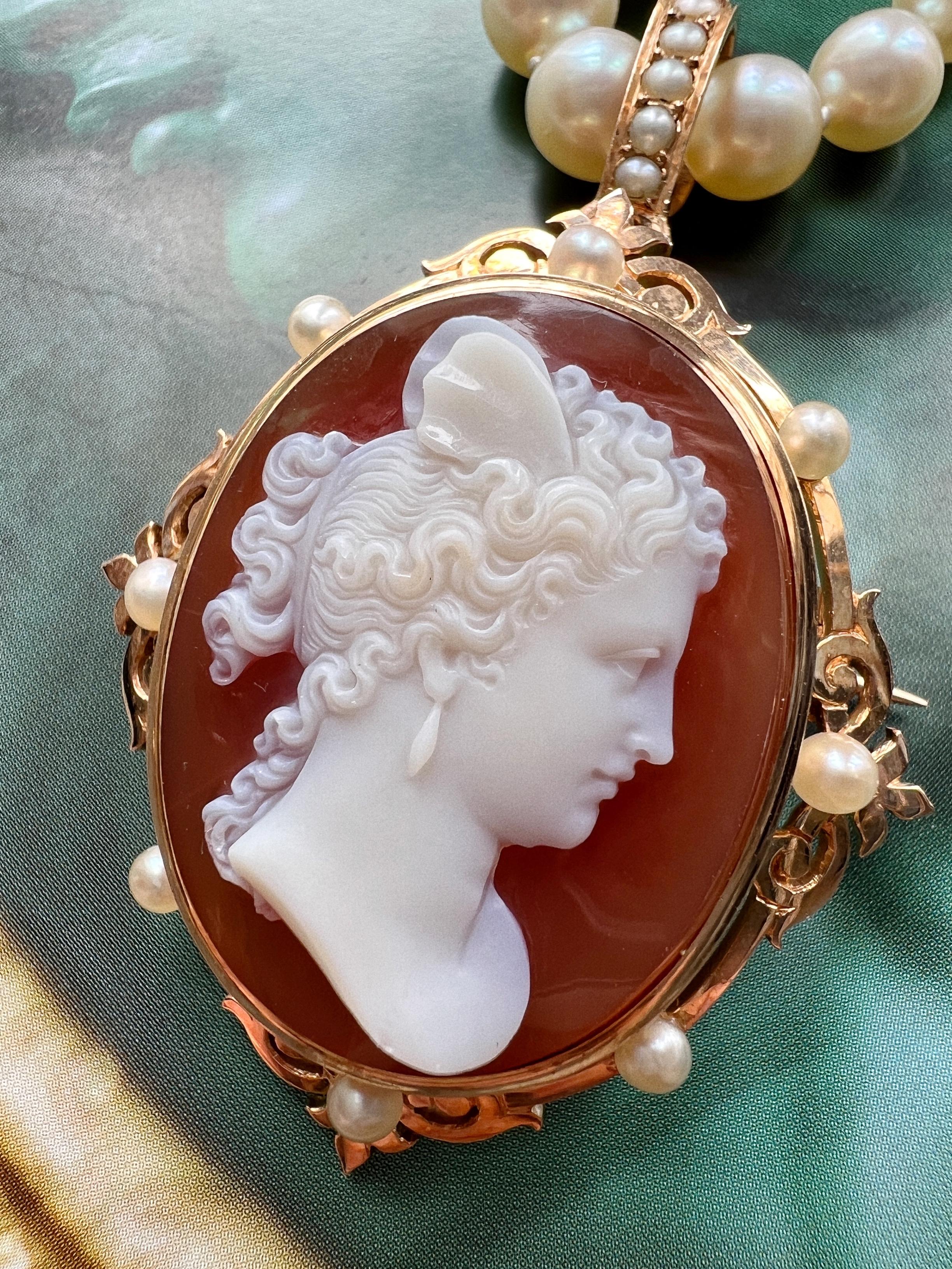 This exquisite Victorian era cameo is a stunning piece of jewelry that is sure to capture the attention of any admirer. It can be worn as a pendant as well as a brooch.

Crafted on two layers of agate, the cameo depicts a woman’s profile with