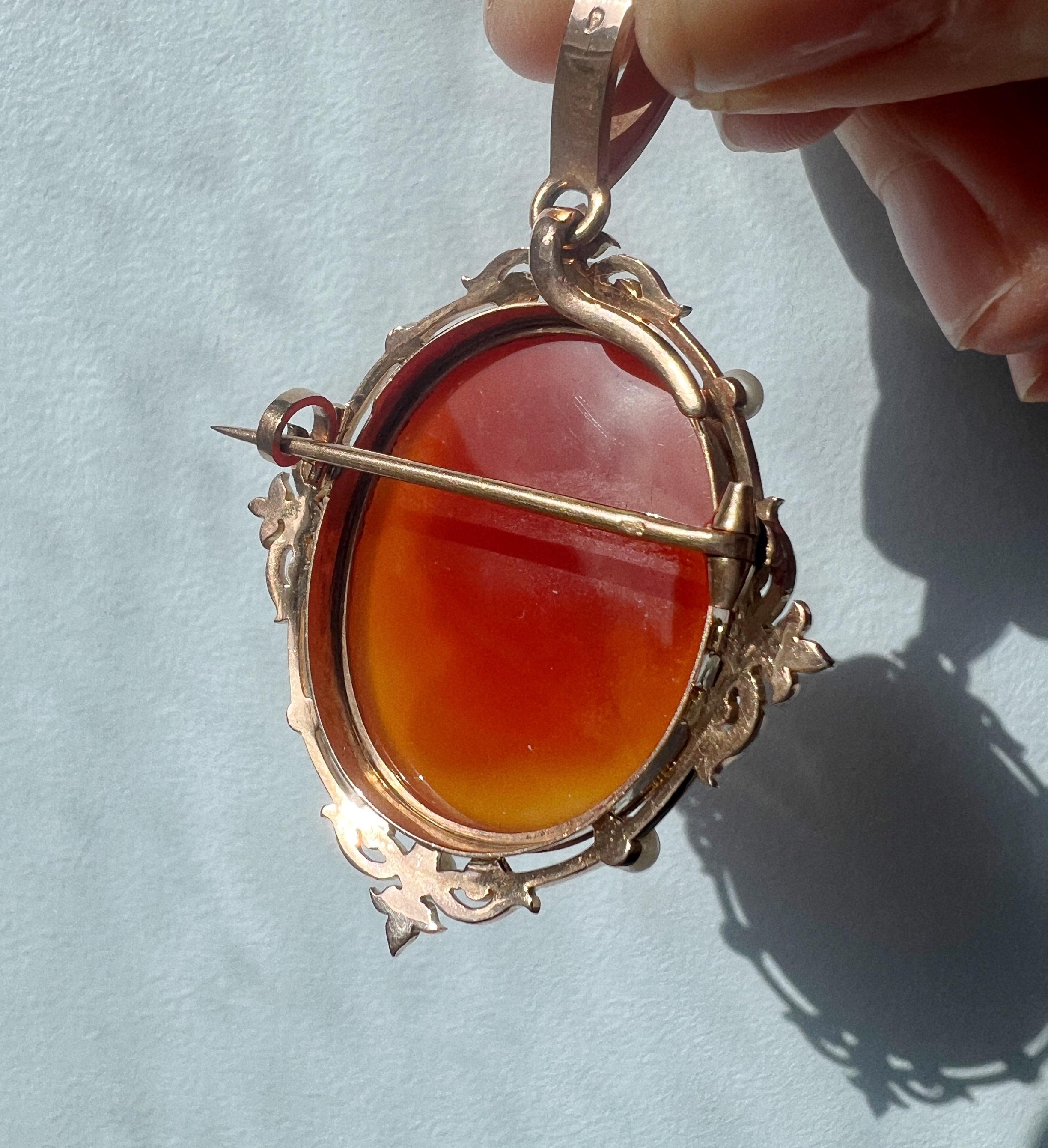 Boxed Victorian Era 18k Gold Natural Pearls Agate Cameo Pendant Brooch 1