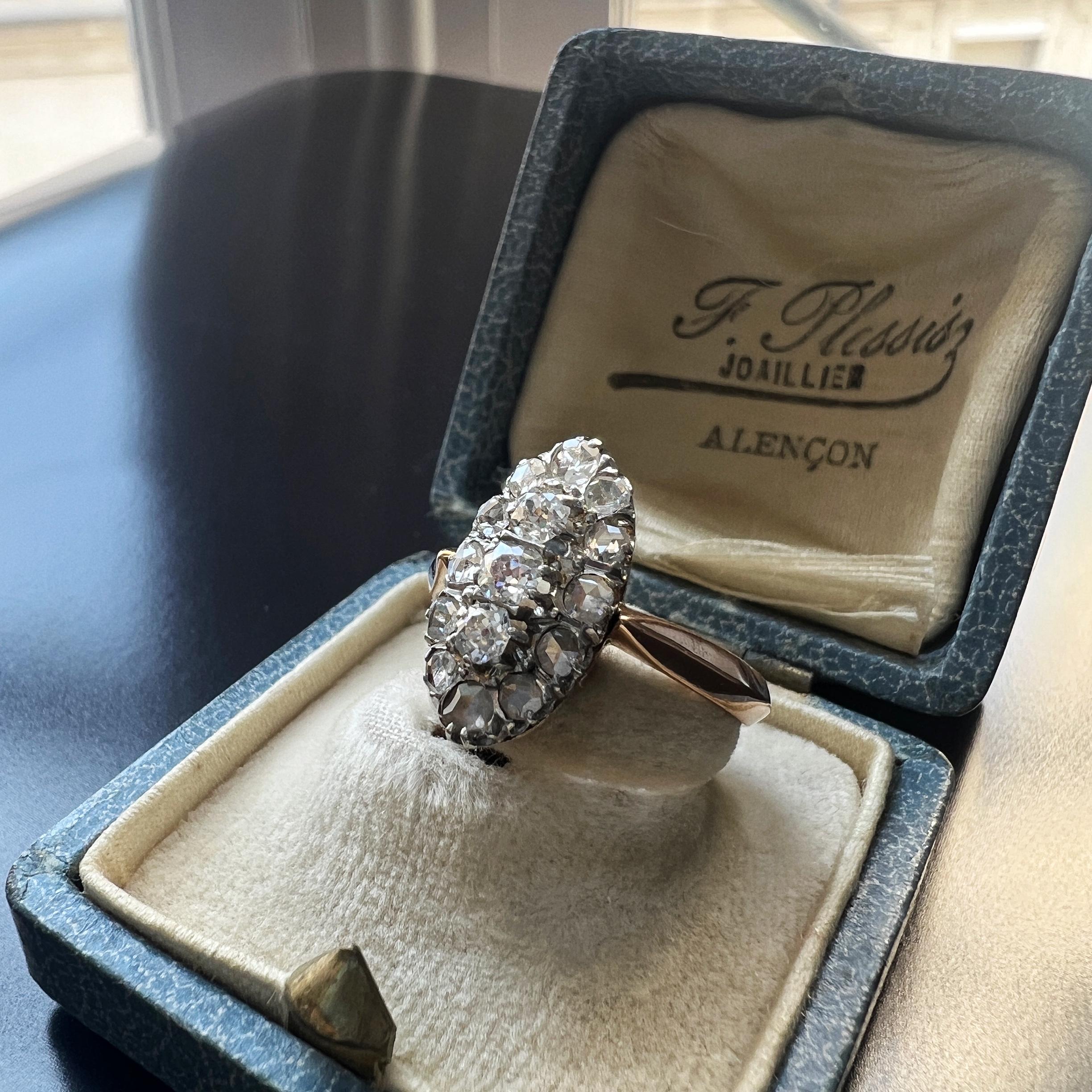 Women's Boxed Victorian Era 18k Gold Rose Cut Diamond Marquise Ring