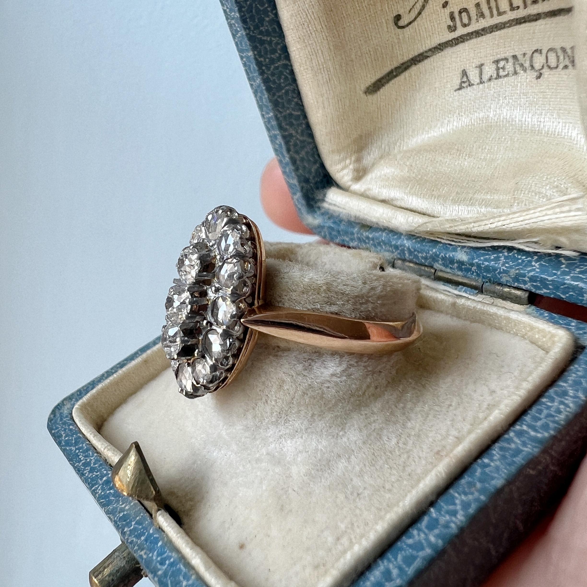Boxed Victorian Era 18k Gold Rose Cut Diamond Marquise Ring 1