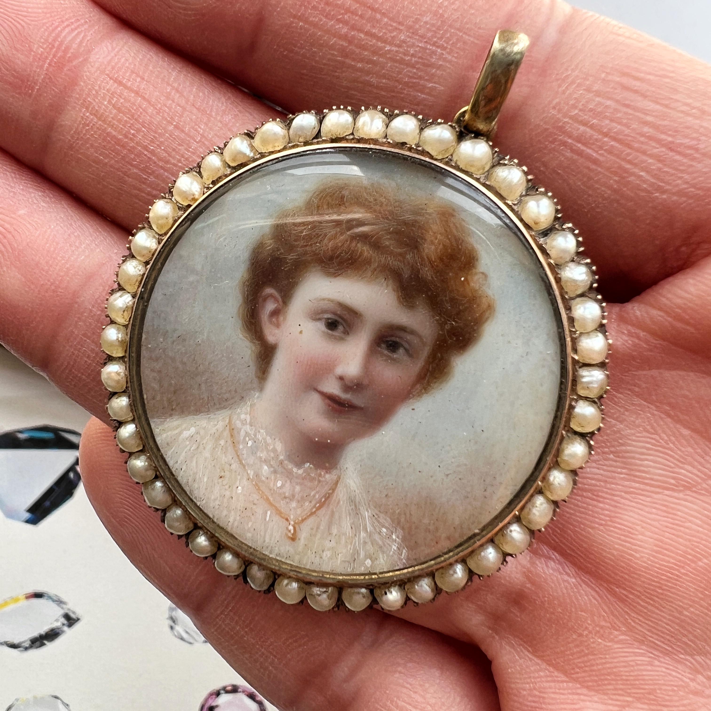 Bead Boxed Victorian era gold pearl miniature portrait pendant For Sale
