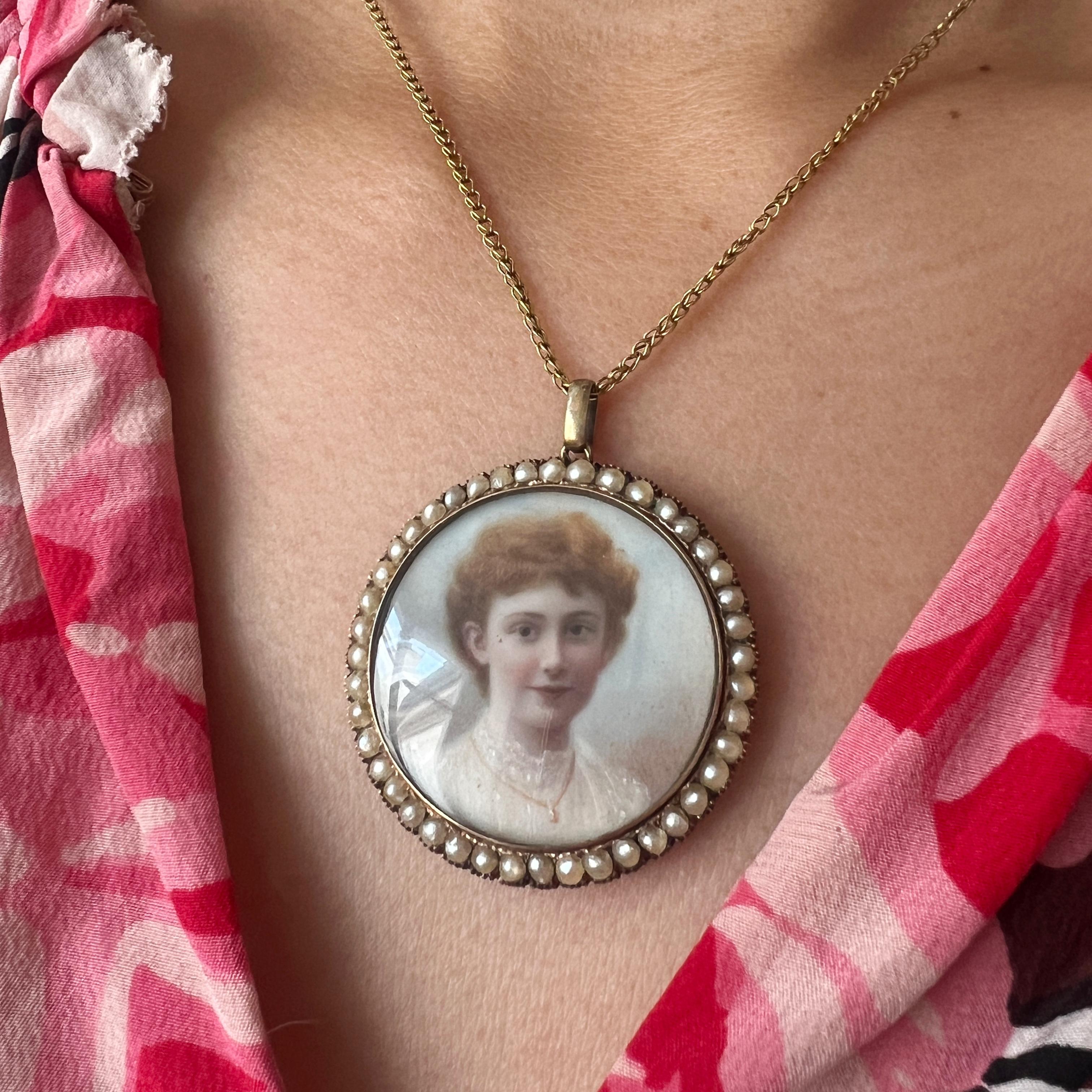 Women's or Men's Boxed Victorian era gold pearl miniature portrait pendant For Sale