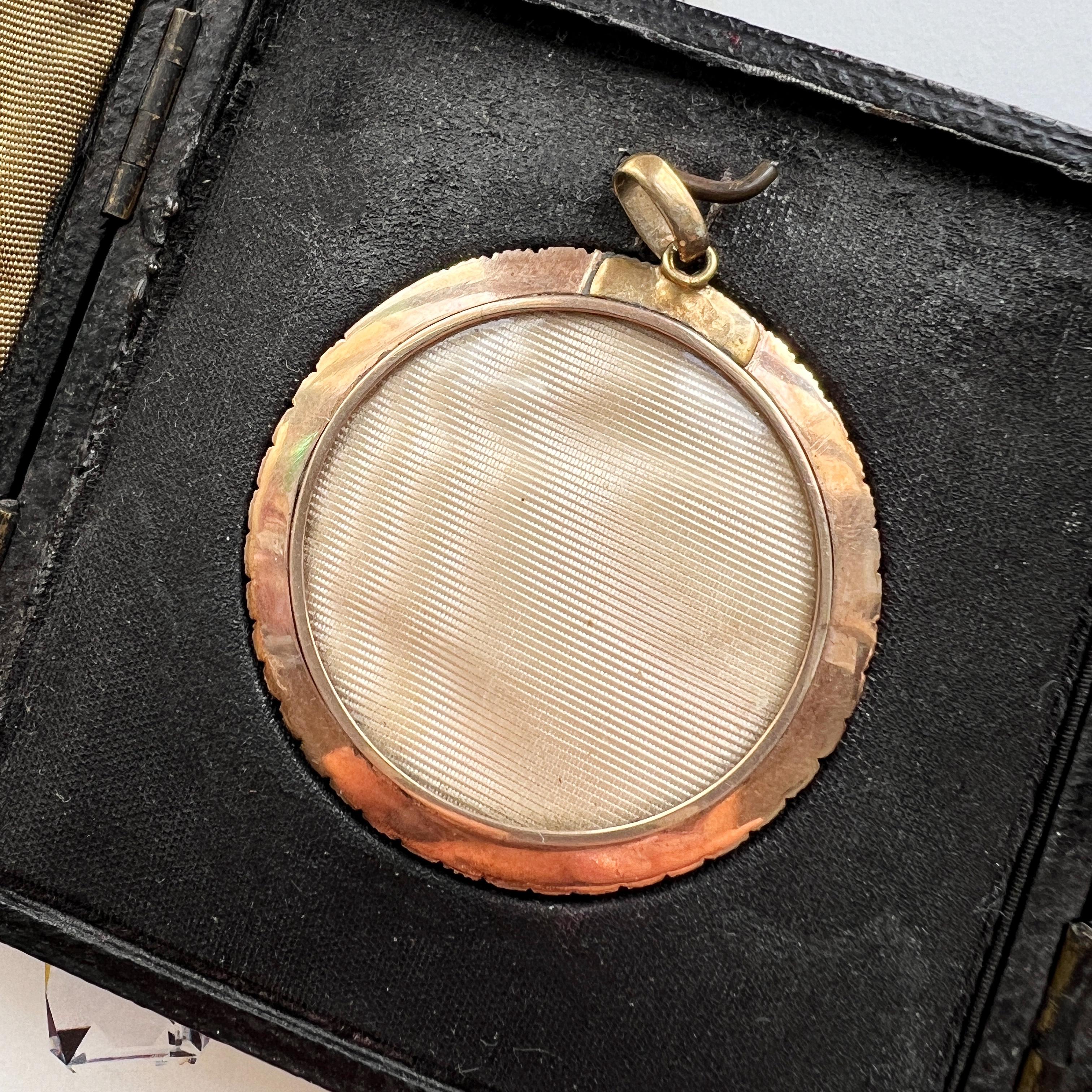Boxed Victorian era gold pearl miniature portrait pendant For Sale 1