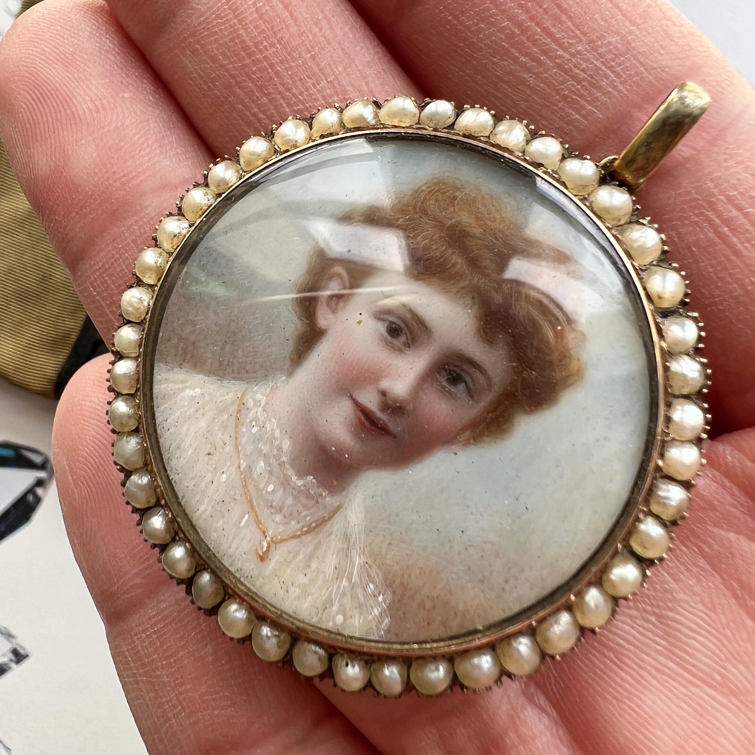 Boxed Victorian era gold pearl miniature portrait pendant For Sale 2