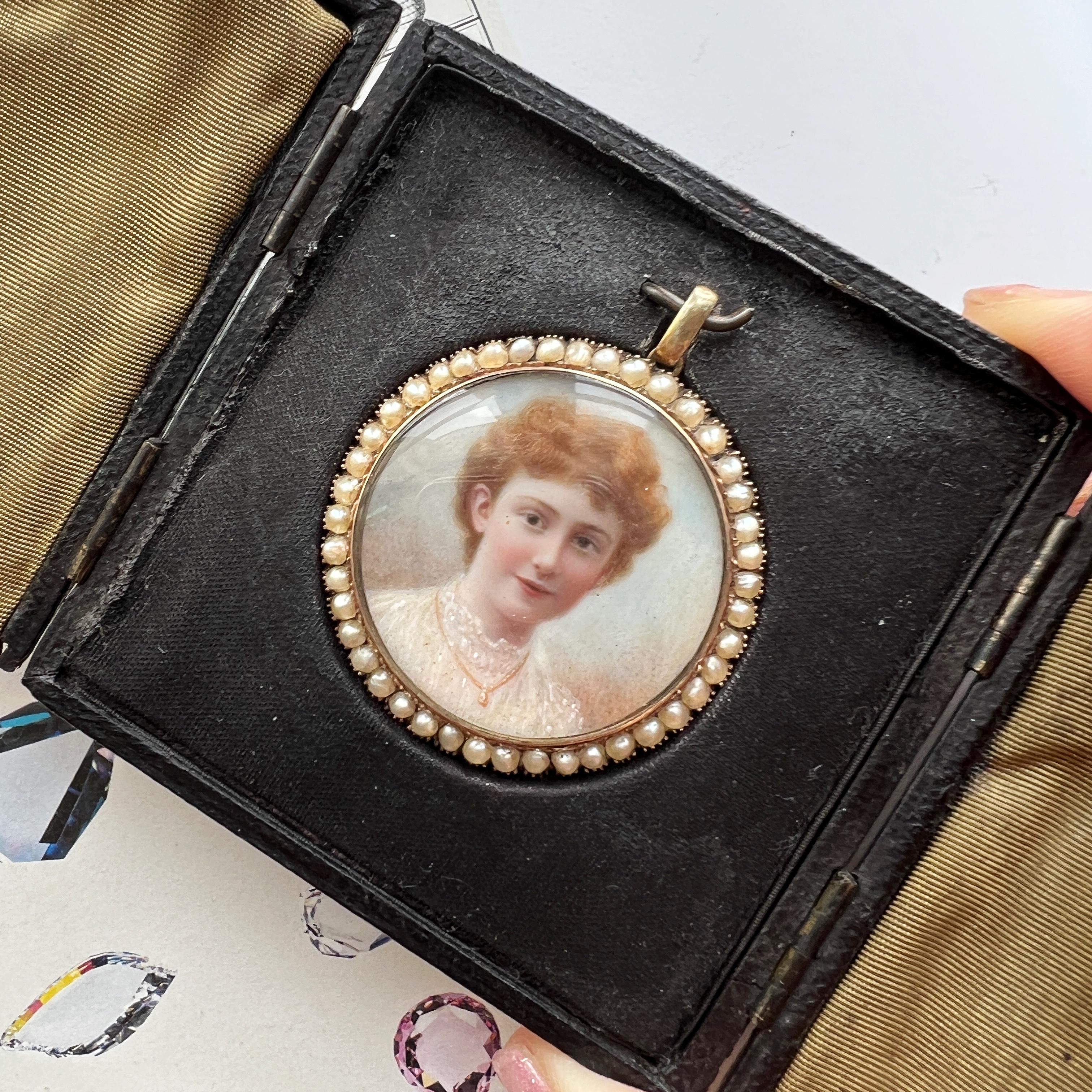 Boxed Victorian era gold pearl miniature portrait pendant For Sale 3