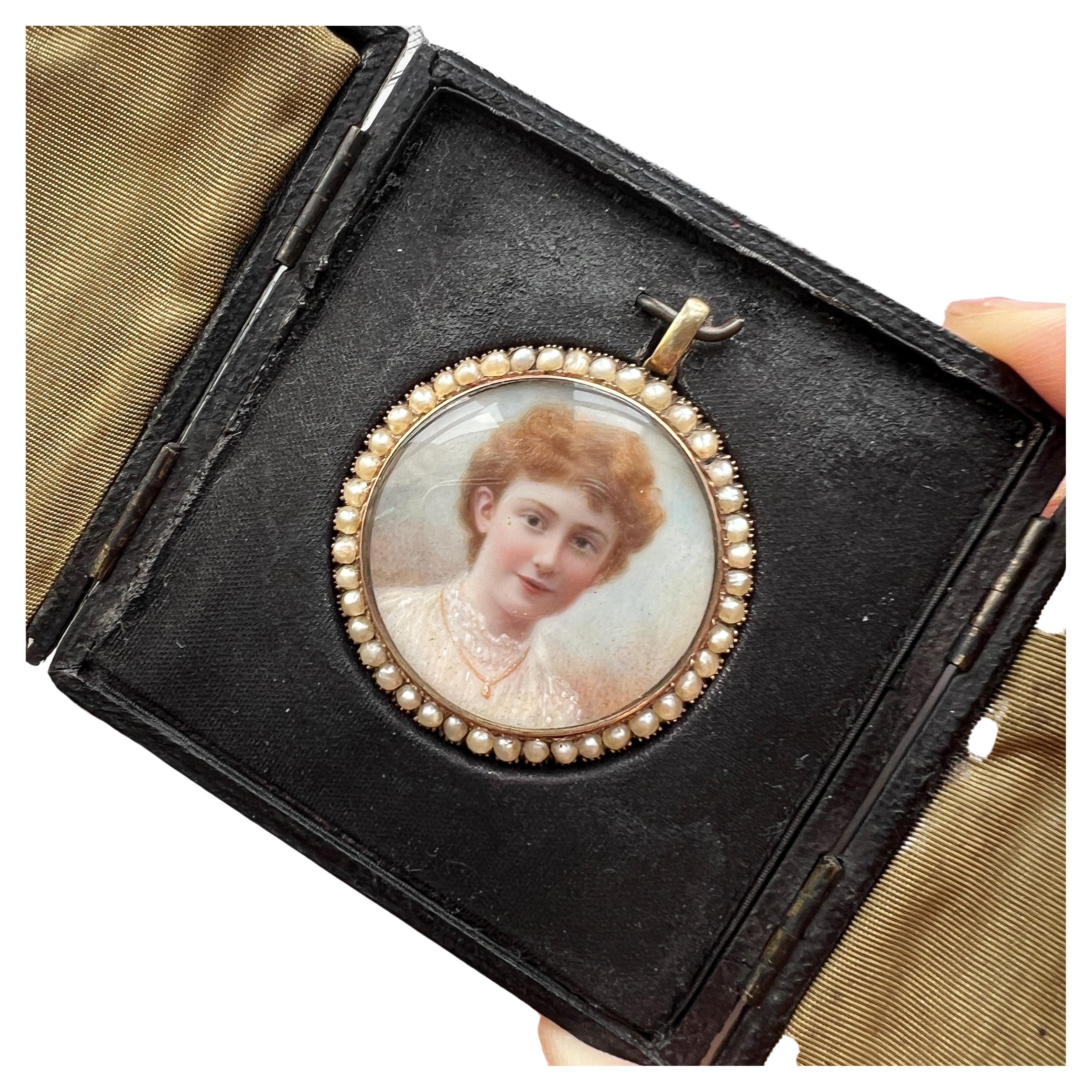 Boxed Victorian era gold pearl miniature portrait pendant For Sale