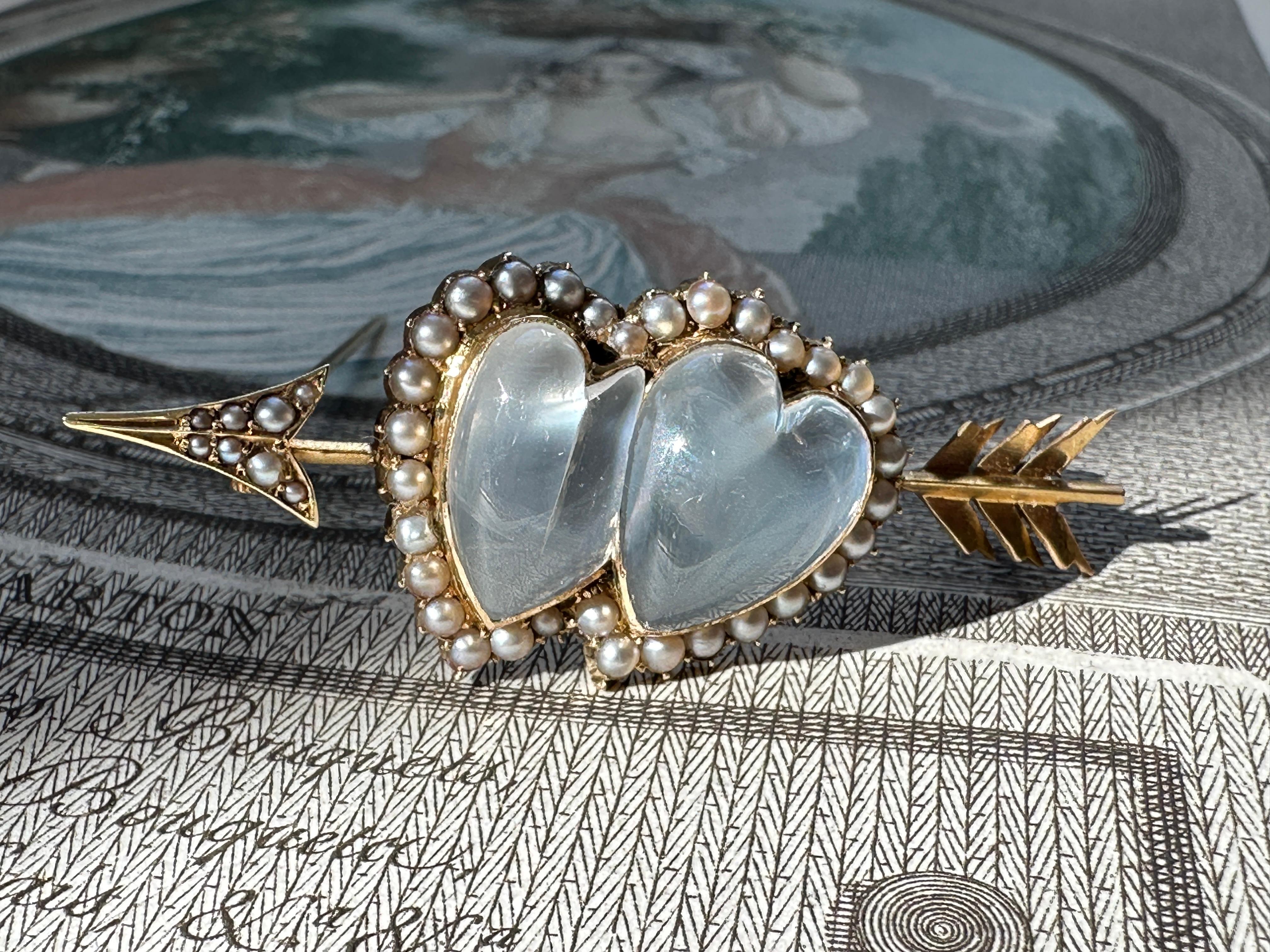 Cabochon Boxed Victorian Moonstone Heart and Cupids Arrow Brooch For Sale