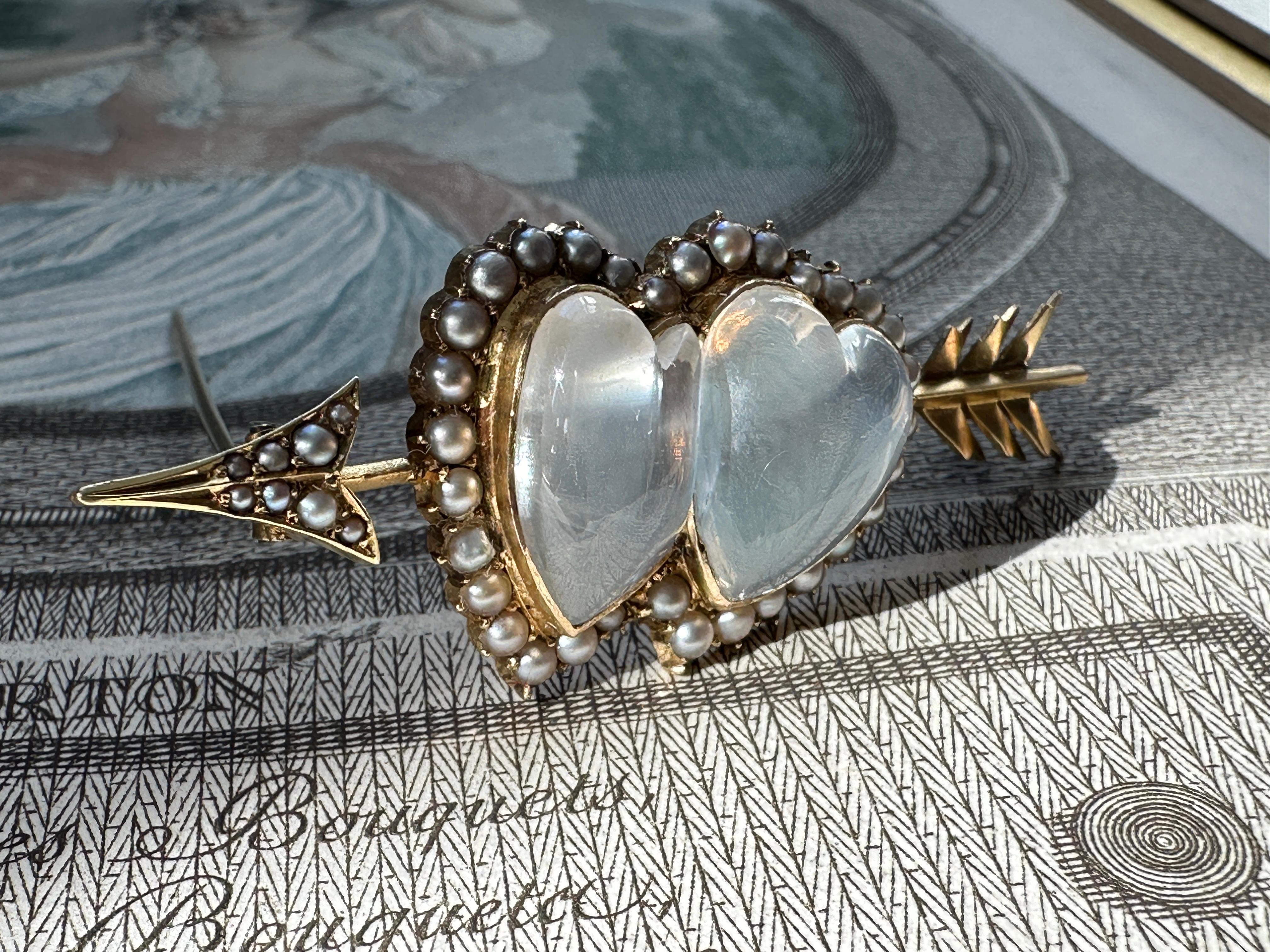 Boxed Victorian Moonstone Heart and Cupids Arrow Brooch In Good Condition For Sale In Hummelstown, PA