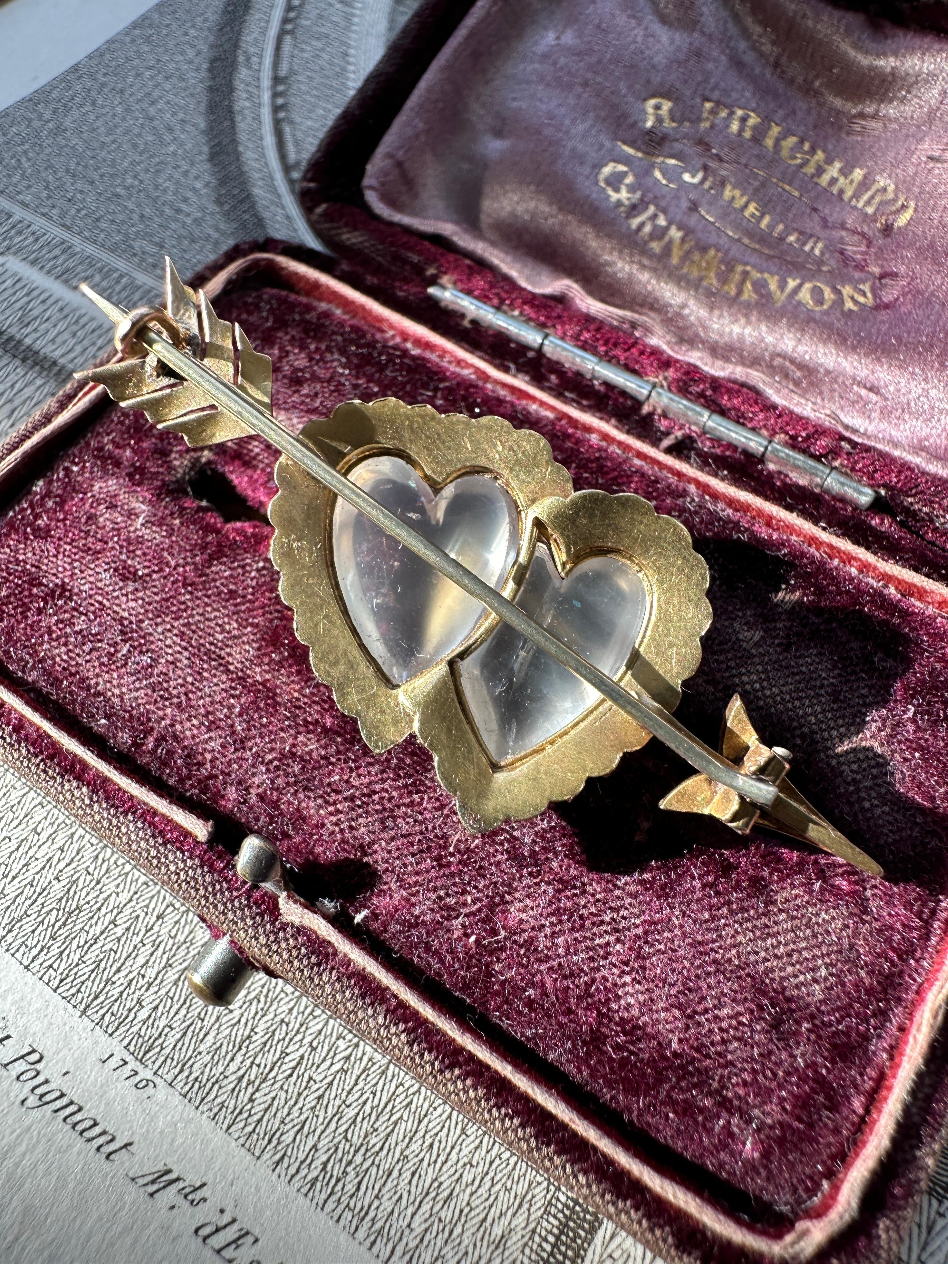 Women's or Men's Boxed Victorian Moonstone Heart and Cupids Arrow Brooch For Sale