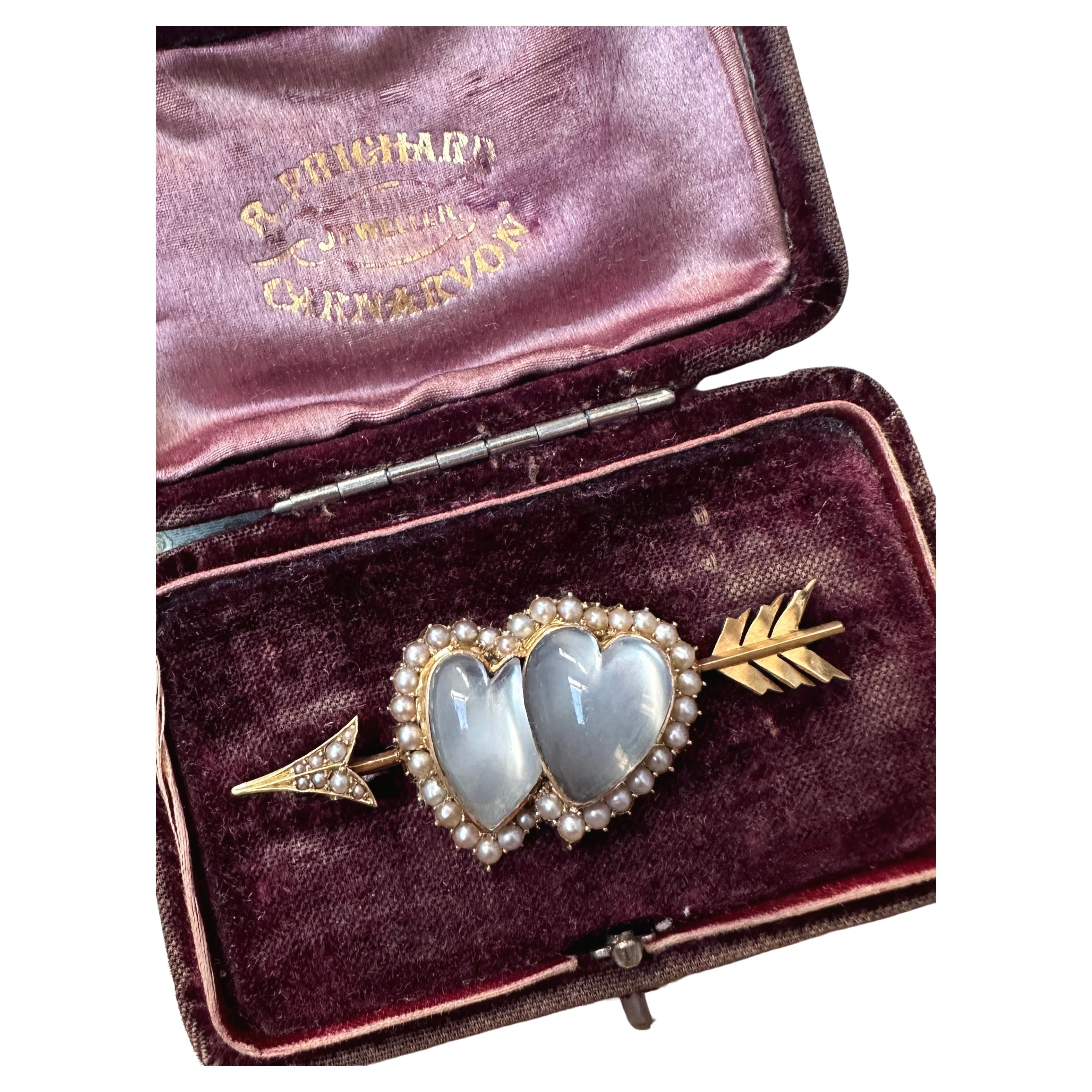 Boxed Victorian Moonstone Heart and Cupids Arrow Brooch For Sale