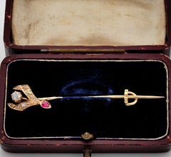 Boxed Victorian Natural Ruby Diamond Rare Wish Bone Stick Pin
