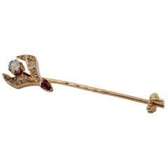 Antique Boxed Victorian Natural Ruby Diamond Rare Wish Bone Stick Pin