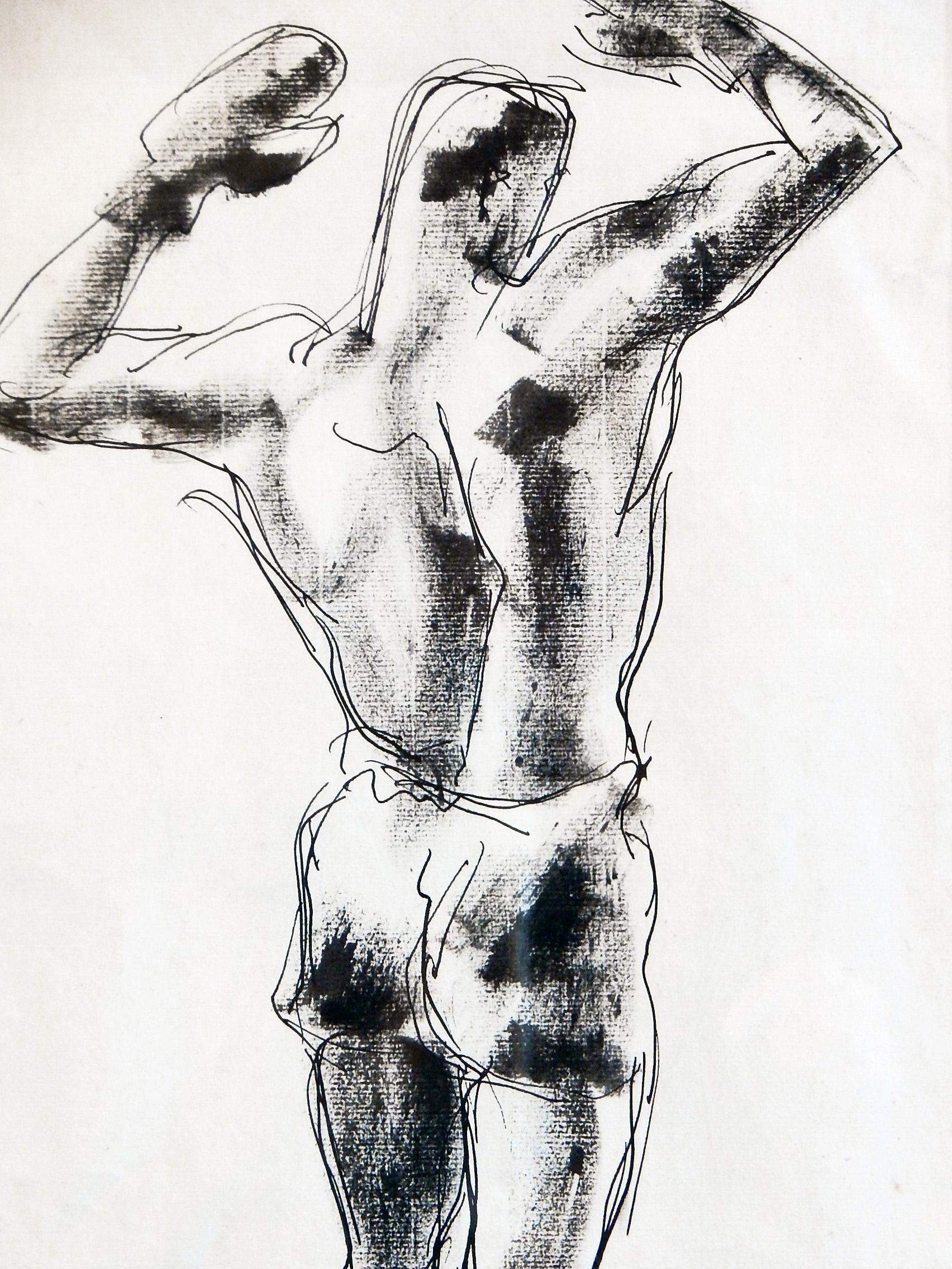 This 1929 vintage ink and inkwash drawing of a bare-chested boxer is turned away from the viewer, his gloved hands raised high as if the fight has just been won. The artist, William Littlefield, was fascinated by the male figure and produced many