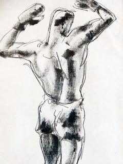 "Boxer in Triumph, " Rare Ink Drawing of Male Boxer with Arms Raised, 1929