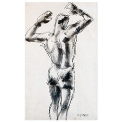 "Boxer in Triumph, " Rare Ink Drawing of Male Boxer with Arms Raised, 1929