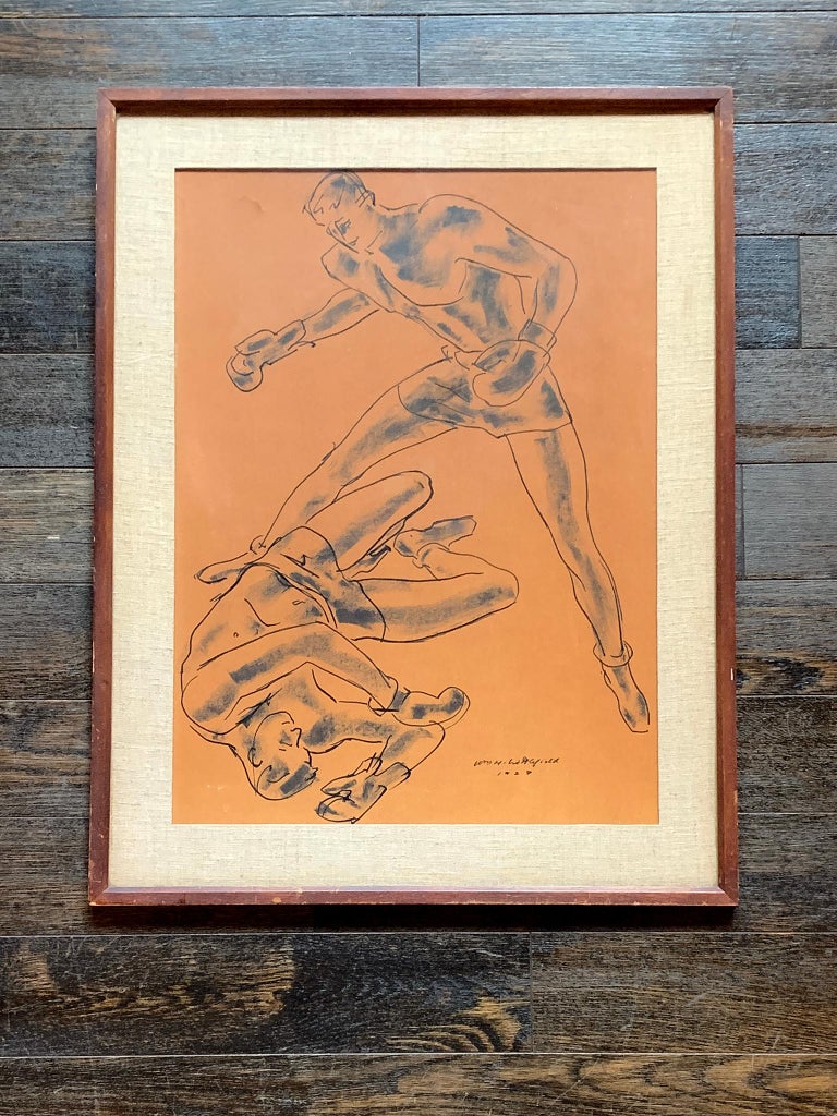 A brush and ink drawing on tan paper by the American artist William Horace Littlefield (1902-1969). From a 1928 series of drawings depicting dynamic, lithe boxers in various stages of a match. Some of the images from this series were then published