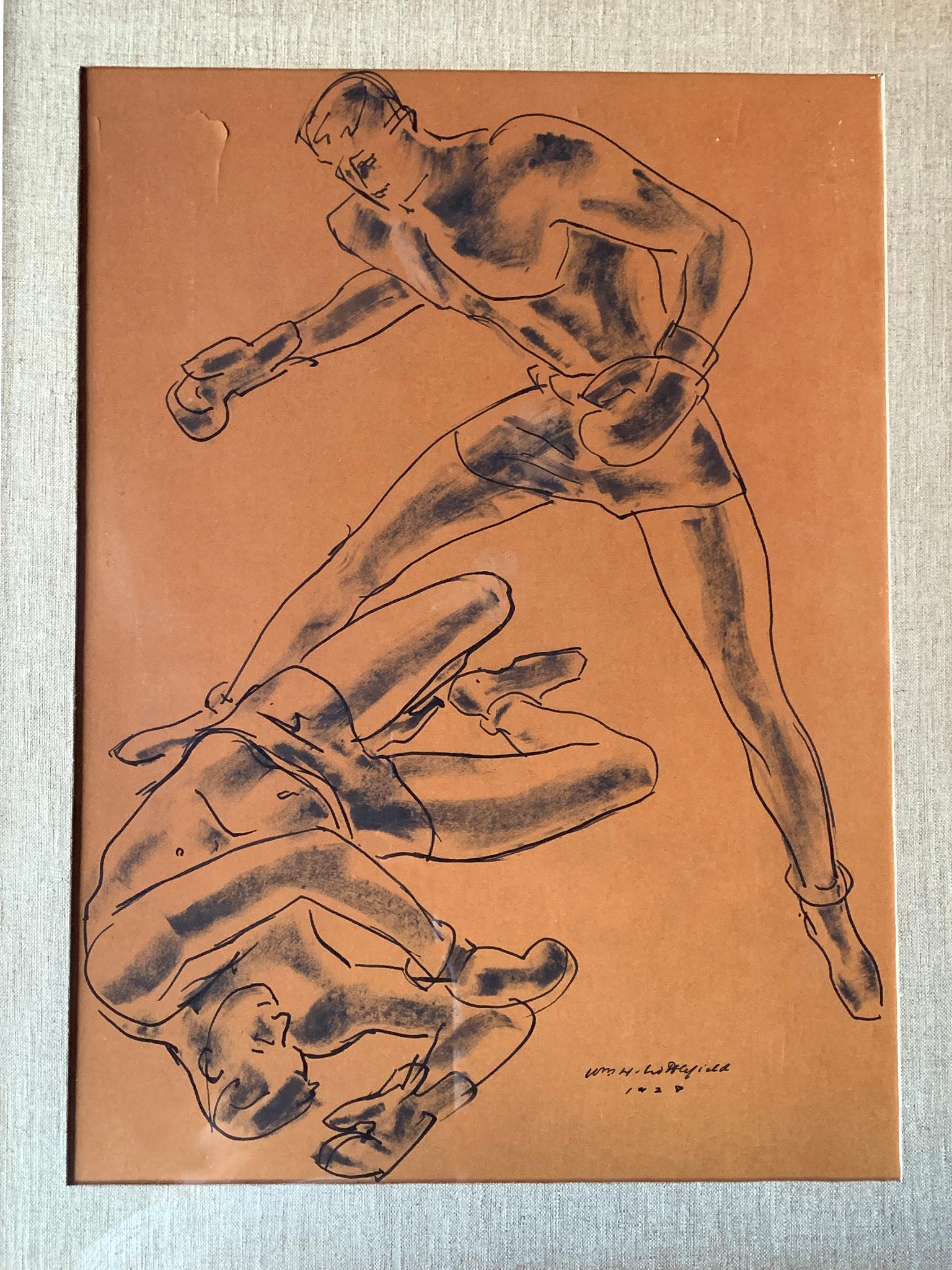 Boxers - Brush & Ink Drawing by William Littlefield, 1928 In Fair Condition In New York, NY