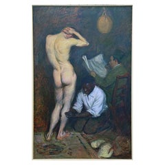 Antique "Boxer's Rubdown", Extraordinary Painting with Nude Male by Philip Leslie Hale
