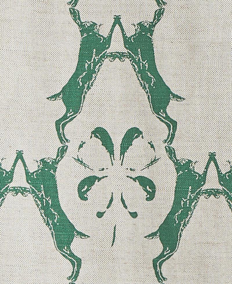 British 'Boxing Hares' Contemporary, Traditional Fabric in Green For Sale