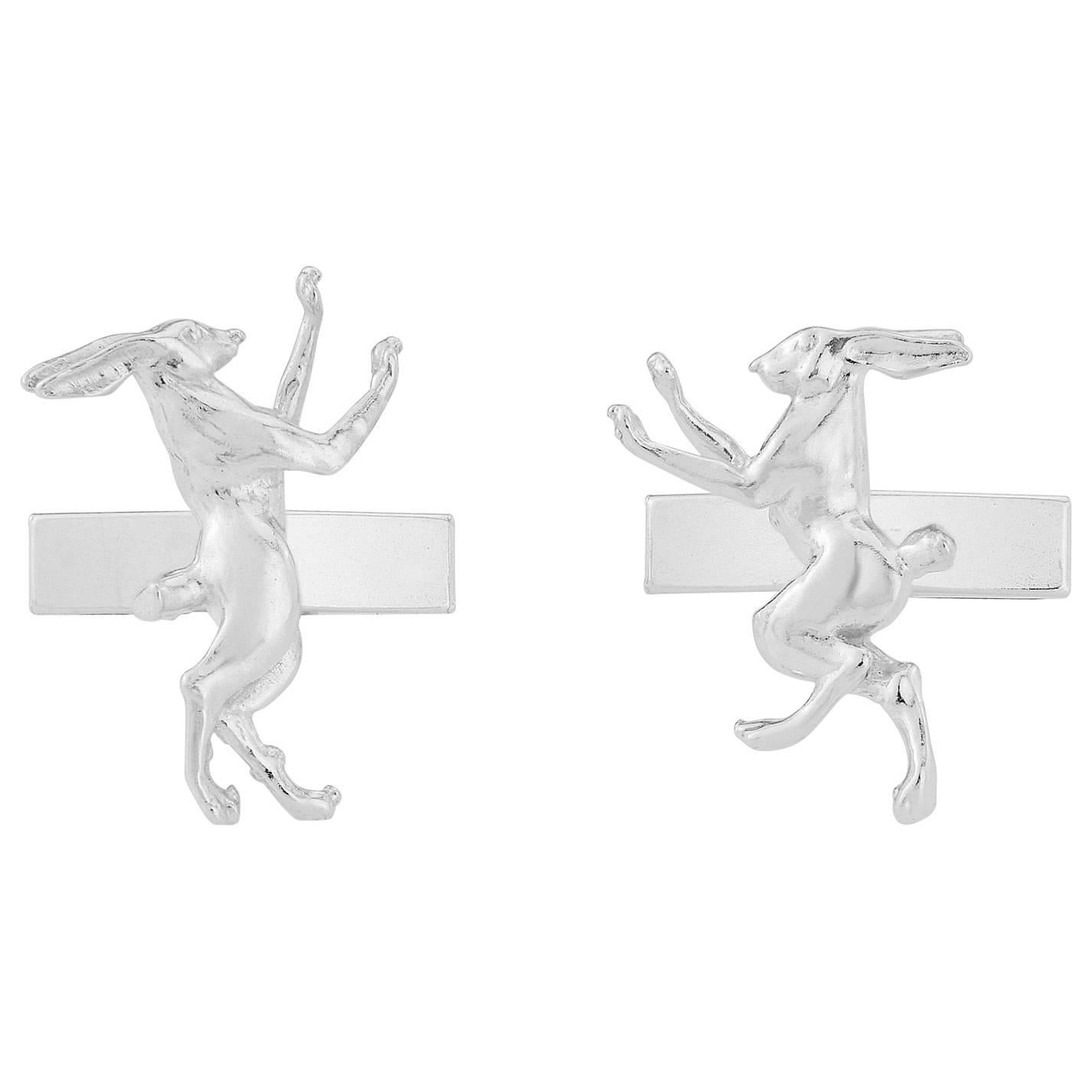 Boxing Hares Cufflink in Sterling Silver For Sale