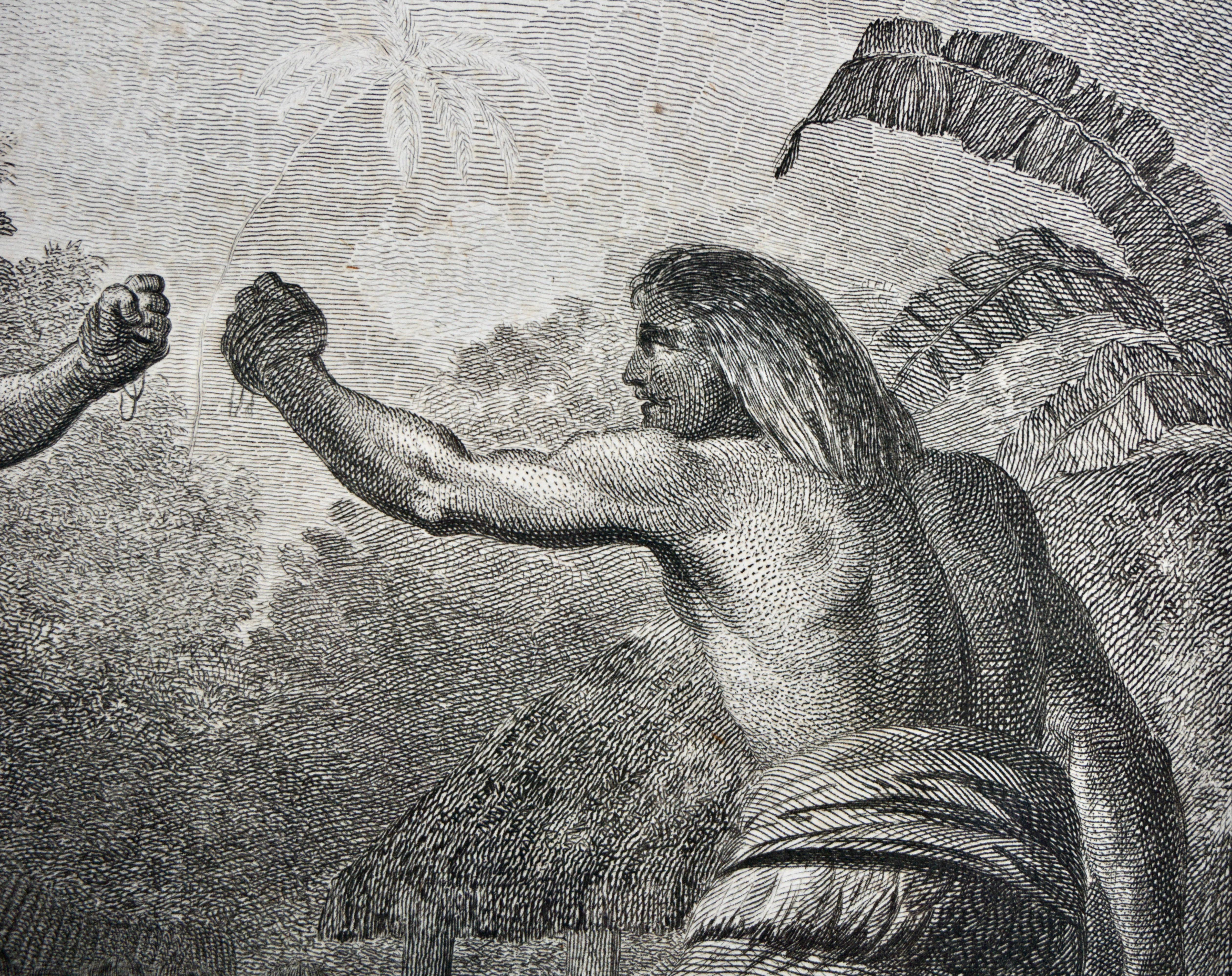 Papier Gravure en cuivre « Boxing Match in Hapaee from Cook's Voyages » d'après John Webber en vente
