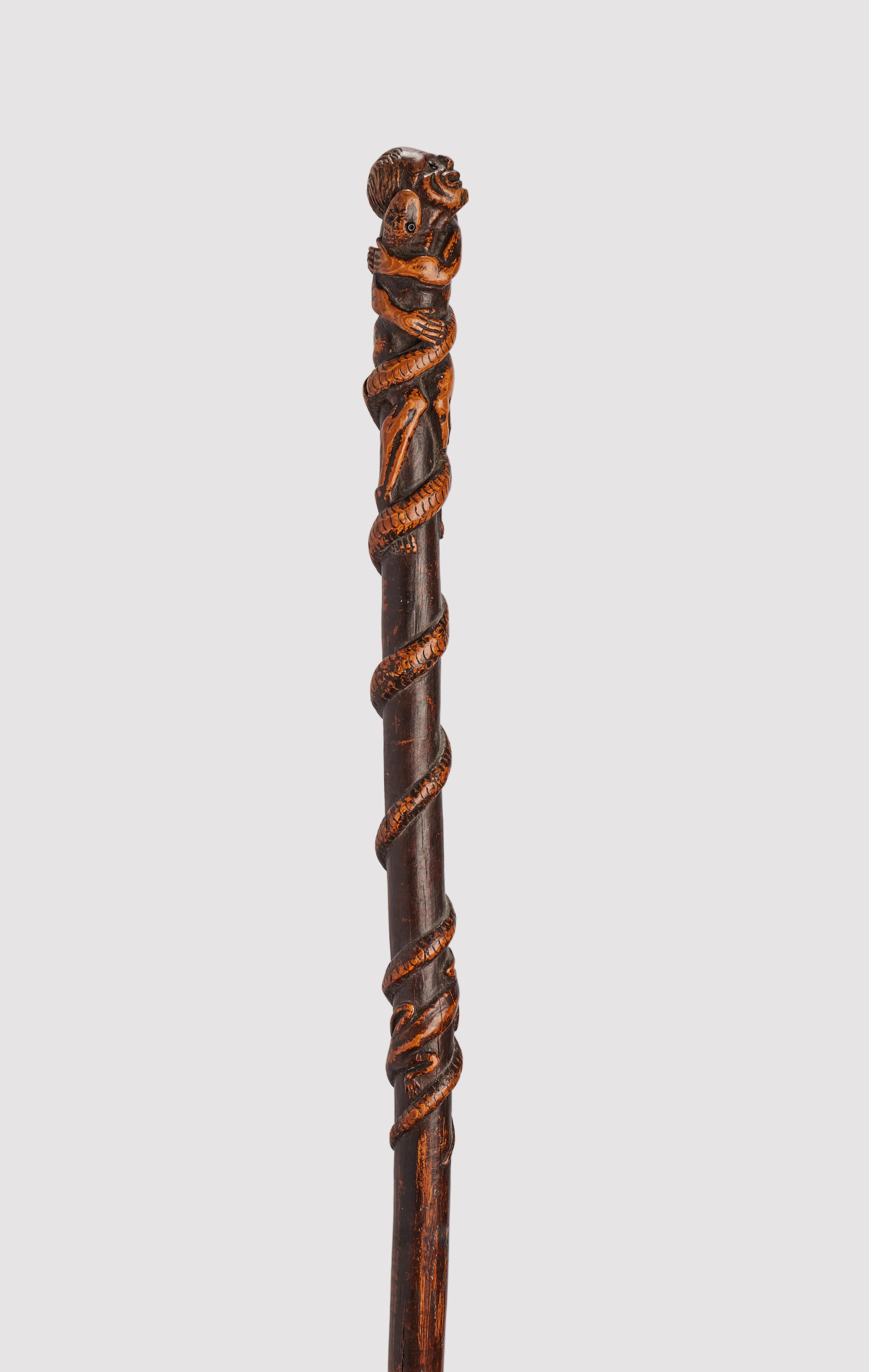 Folk art stick: single branch of naturally growing boxwood, punctuated by a series of carvings with different subjects, depicting a snake wrapping around the cane and a lizard, the figure of a man is carved into the knob. Italy mid of 19th century.