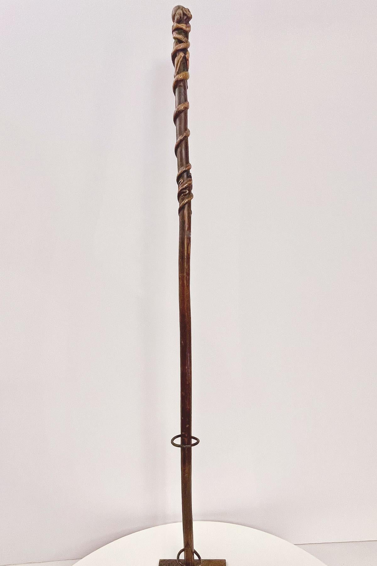 Boxwood-Volkskunststab mit der Darstellung eines Mannes mit Schlange und Eidechse, Italien 1850. (Italienisch) im Angebot