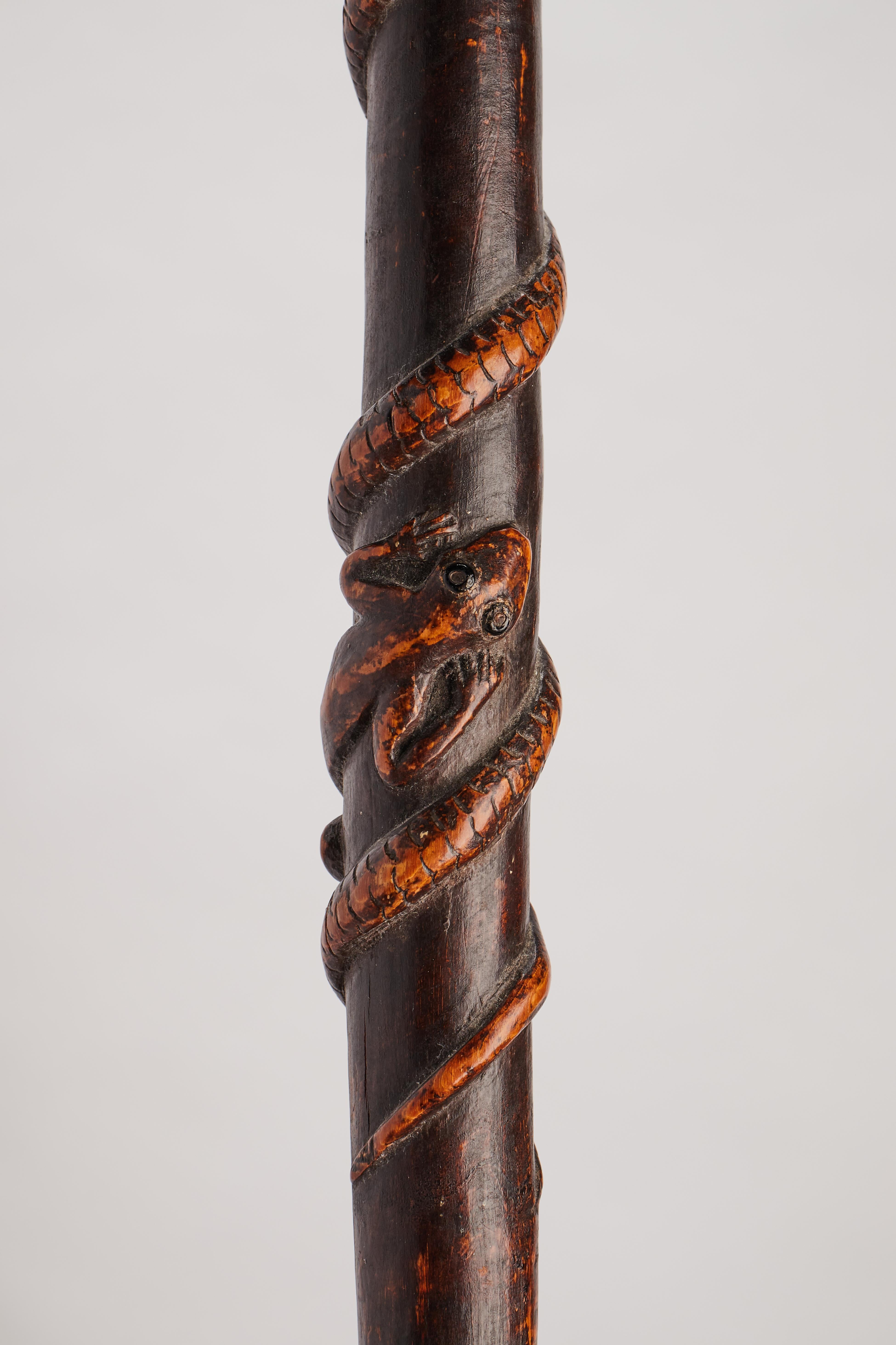 Boxwood folk art stick depicting a man with snake and lizard, Italy 1850.  For Sale 4