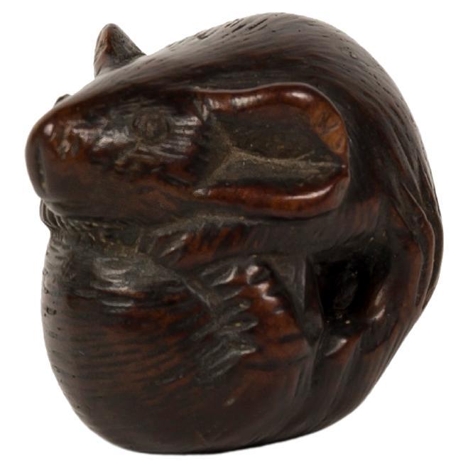 Boxwood nestuke in the form of a curled up mouse forming almost a pearl