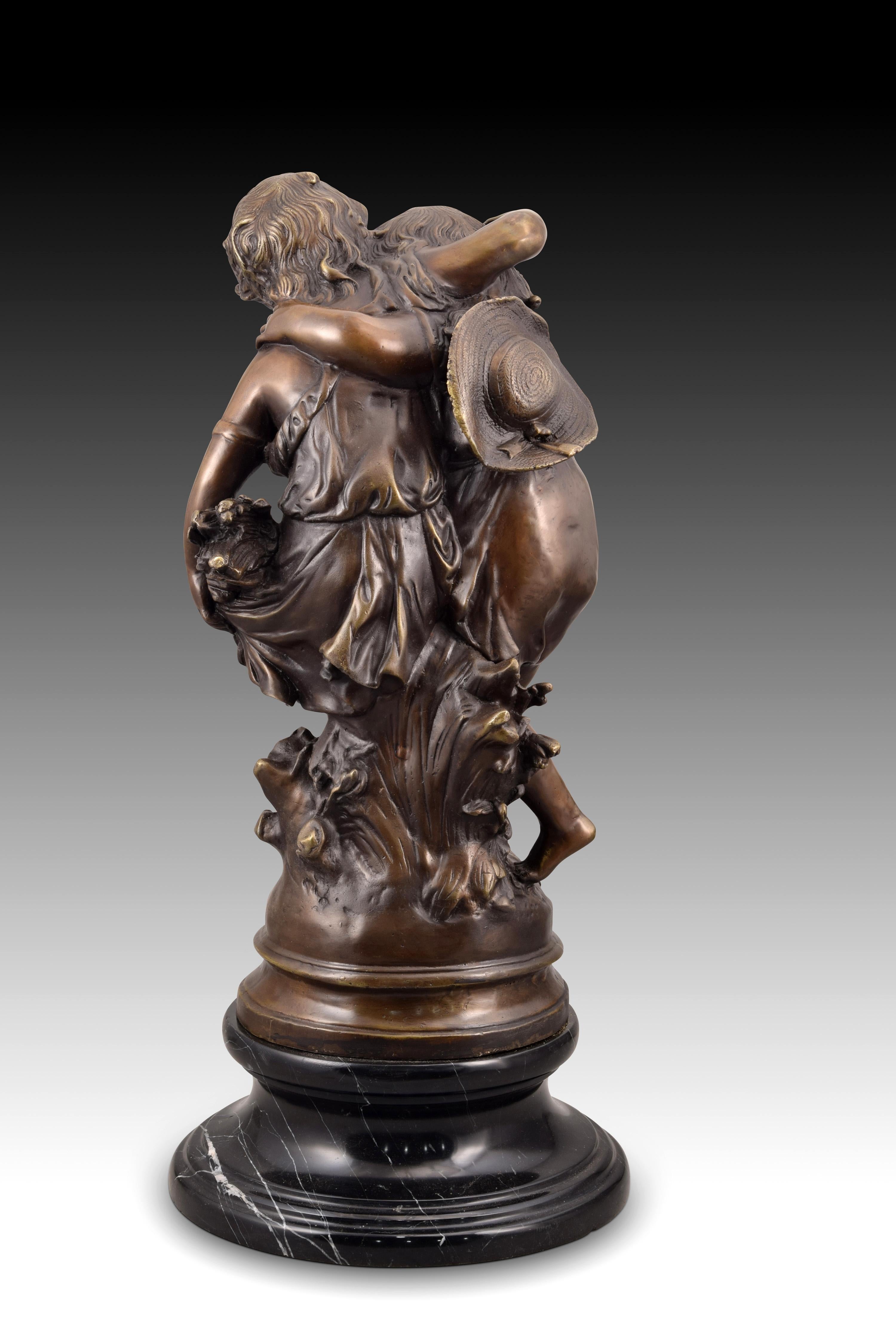 20th Century Boy and Girl, Bronze, Marble, After Auguste Moreau For Sale