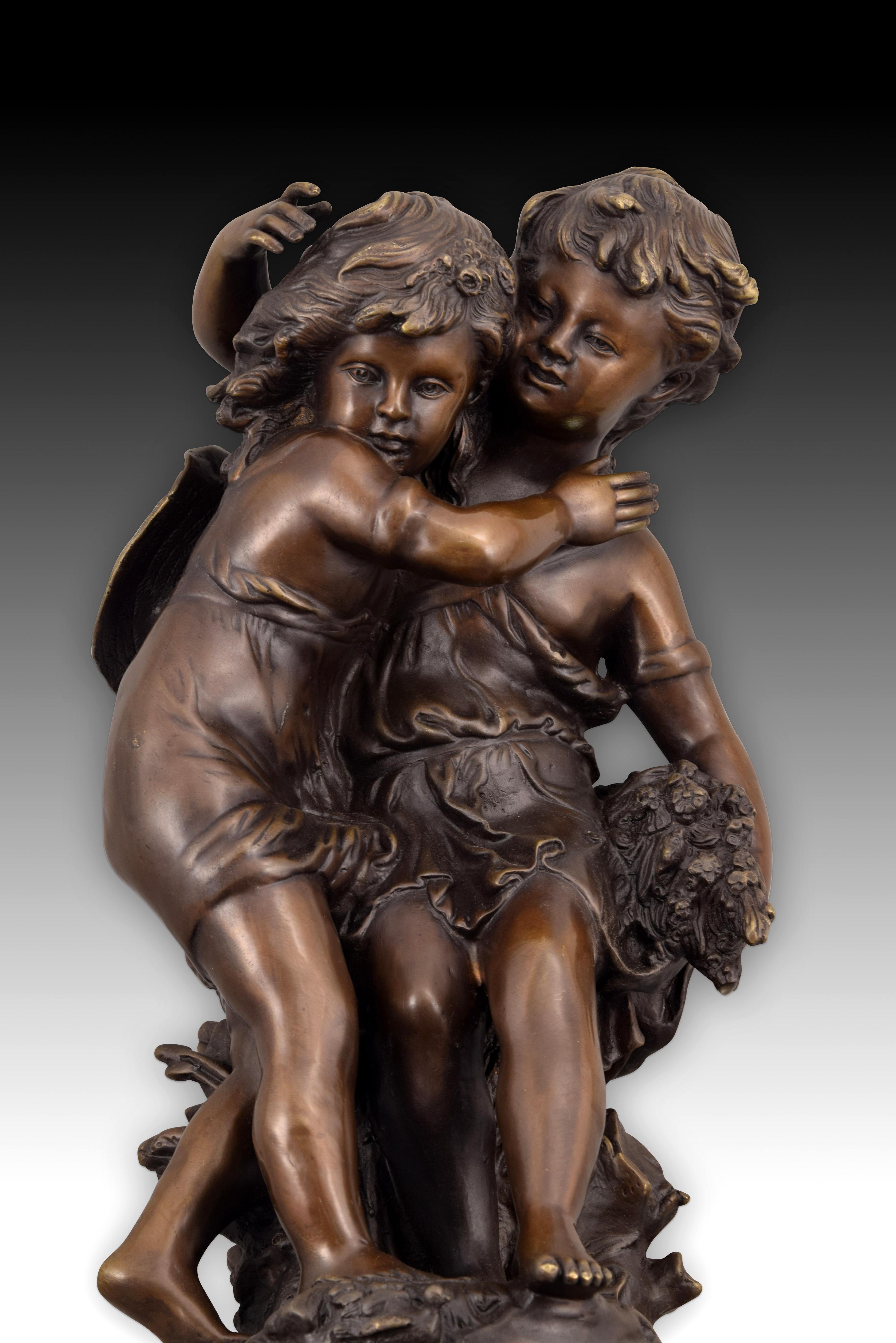 Boy and Girl, Bronze, Marble, After Auguste Moreau For Sale 1