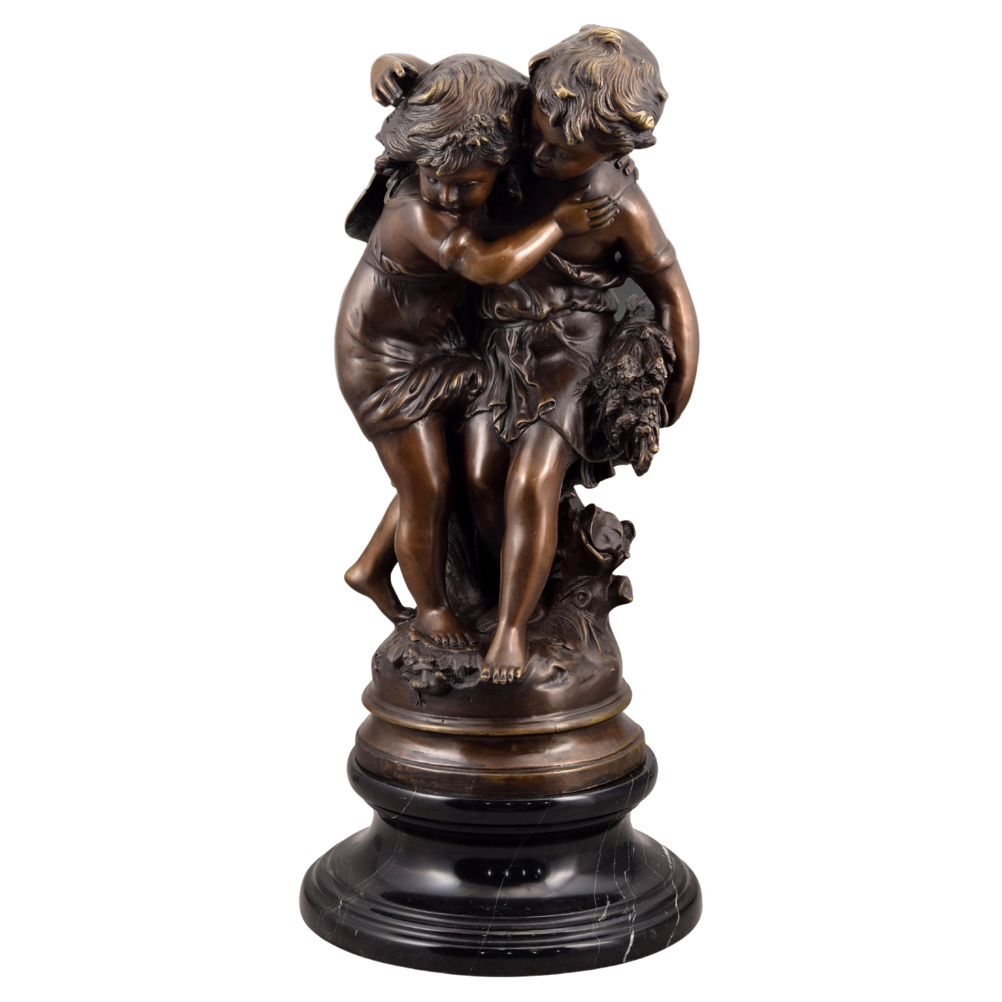 Boy and Girl, Bronze, Marble, After Auguste Moreau For Sale