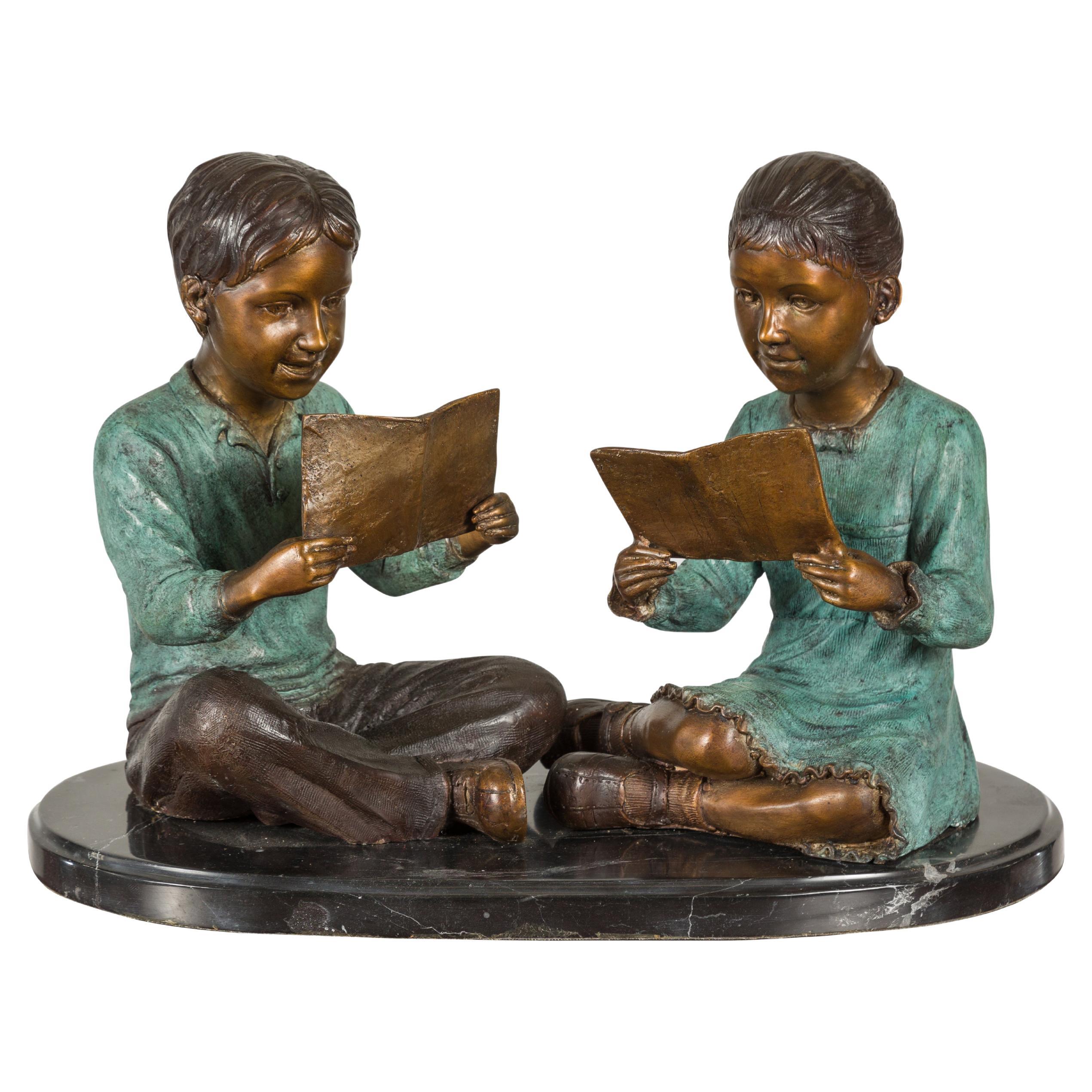 Boy and Girl Reading a Book Lost Wax Cast Bronze Sculpture on Marble Base  For Sale at 1stDibs