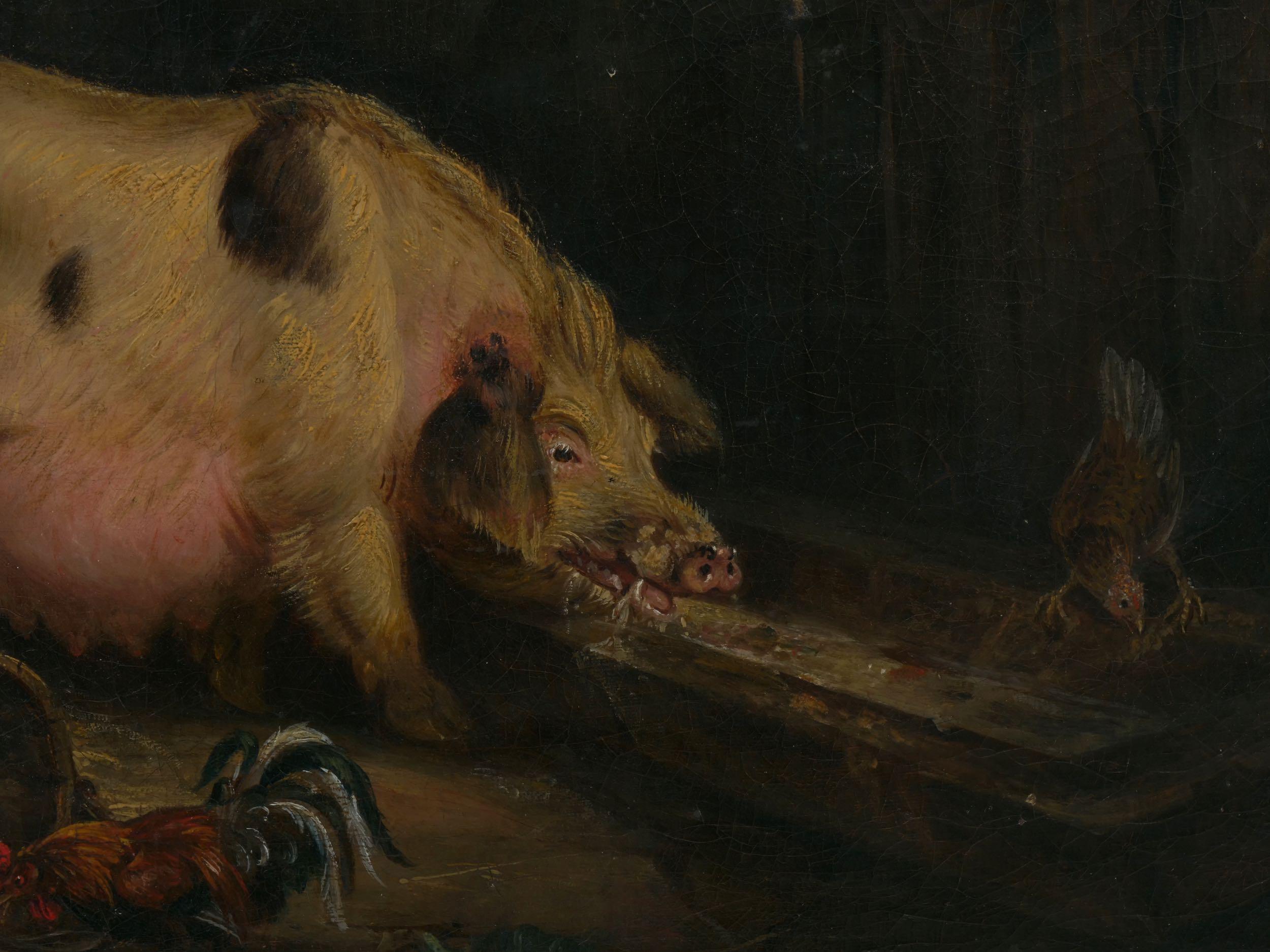 “Boy and Pigs Sty” British Antique Oil Painting, Circle of George Morland 3