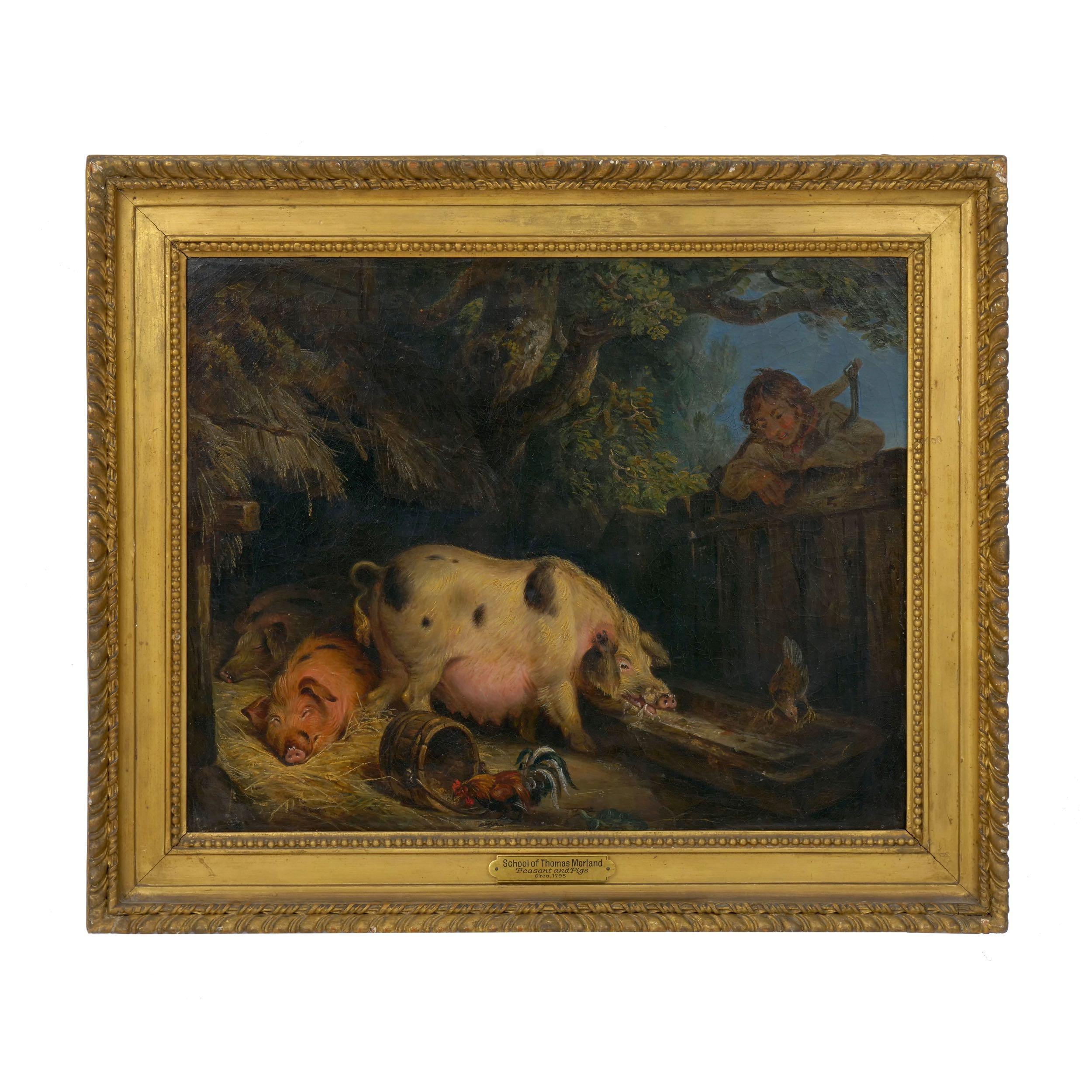 A cheerful scene that captures a young boy breaking from his farm chores to check on the pigs, there is a naiveté and innocence to the composition and portrayal that is rather magnetic, 18th century. The animals are rendered with an anthropomorphic