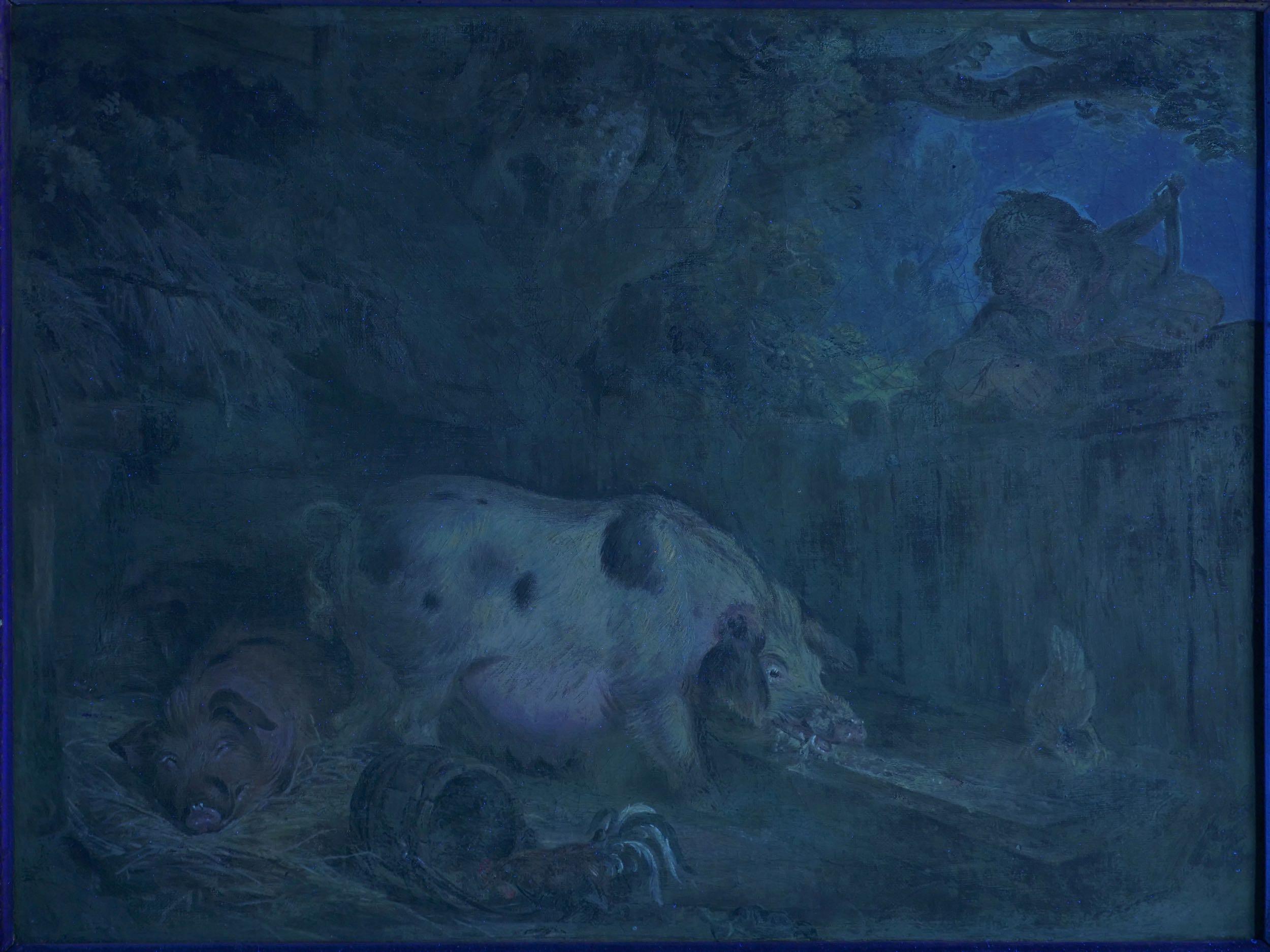 “Boy and Pigs Sty” British Antique Oil Painting, Circle of George Morland 13