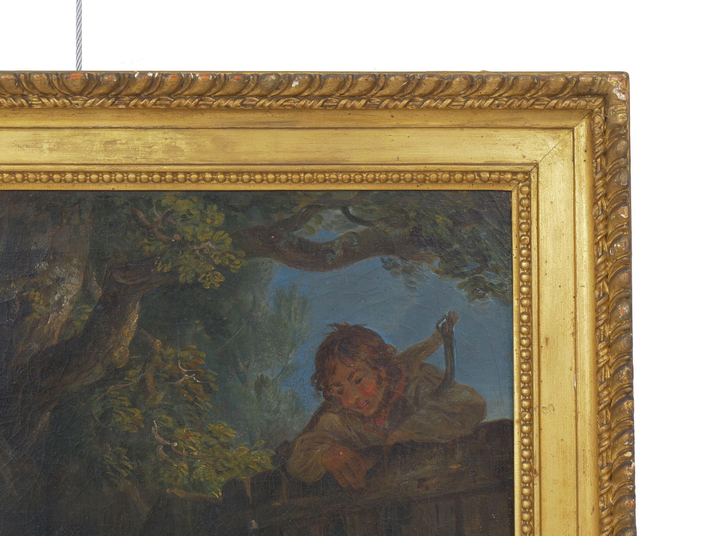 European “Boy and Pigs Sty” British Antique Oil Painting, Circle of George Morland