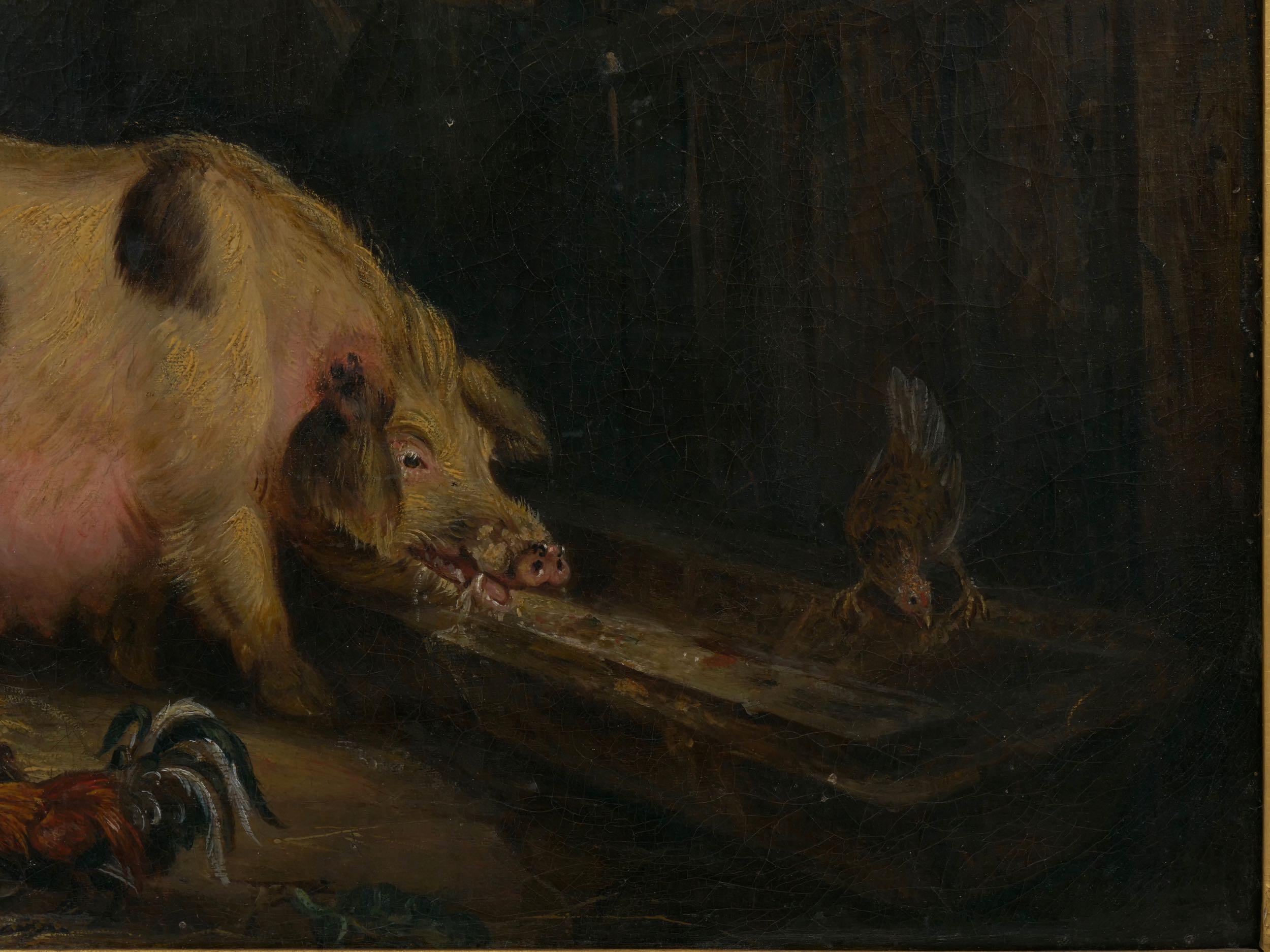 Wood “Boy and Pigs Sty” British Antique Oil Painting, Circle of George Morland