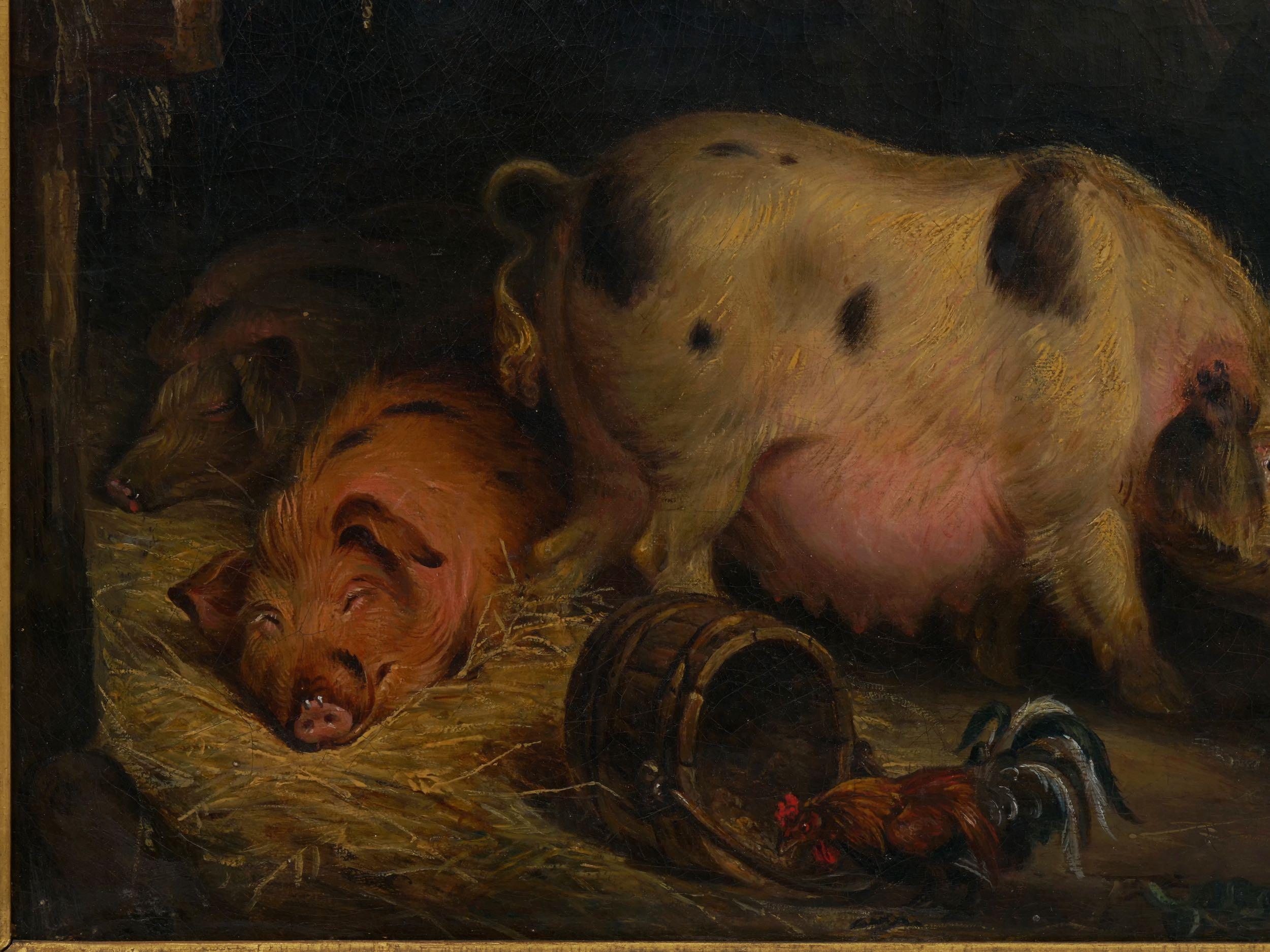 “Boy and Pigs Sty” British Antique Oil Painting, Circle of George Morland 1
