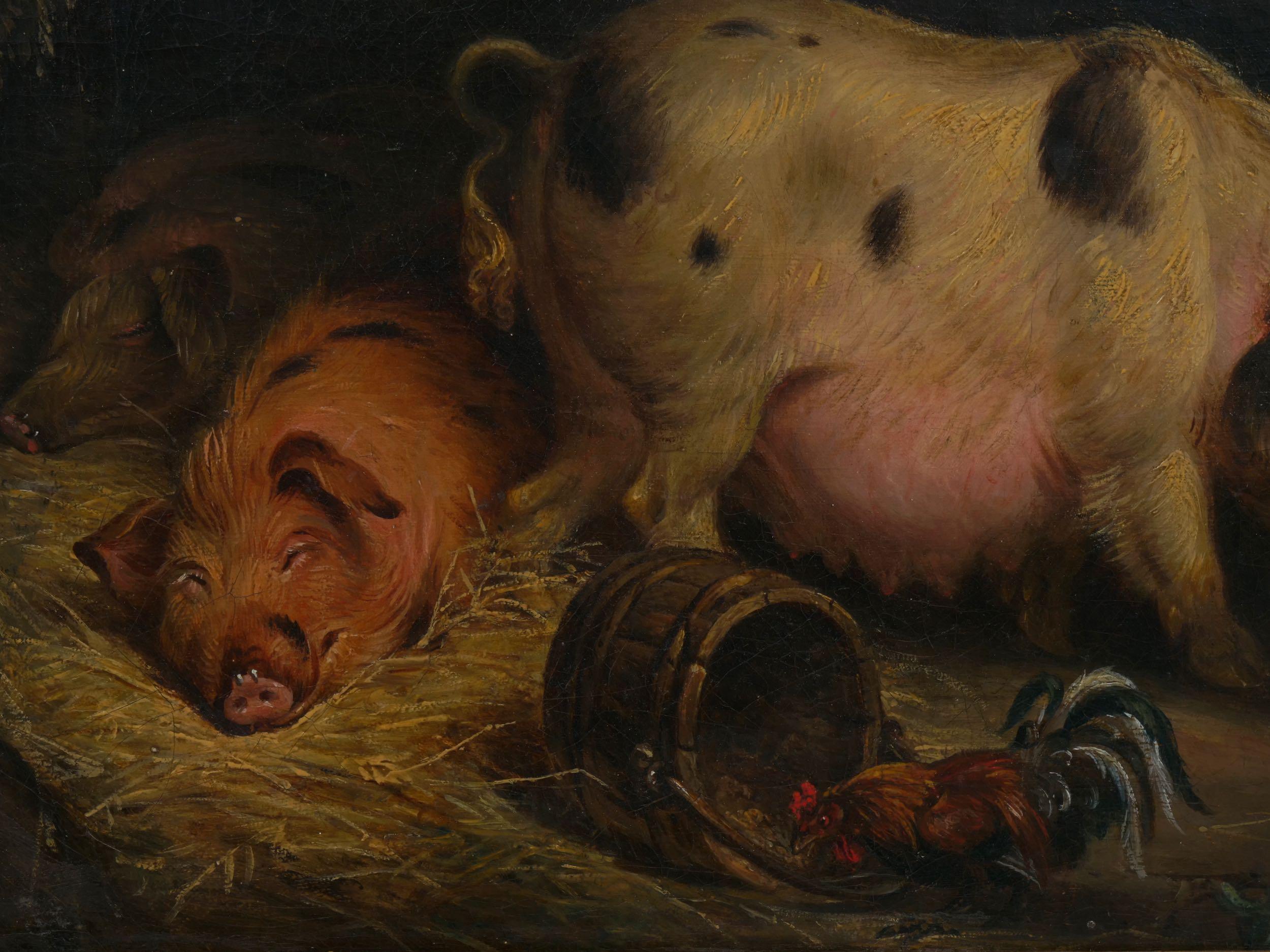 “Boy and Pigs Sty” British Antique Oil Painting, Circle of George Morland 2