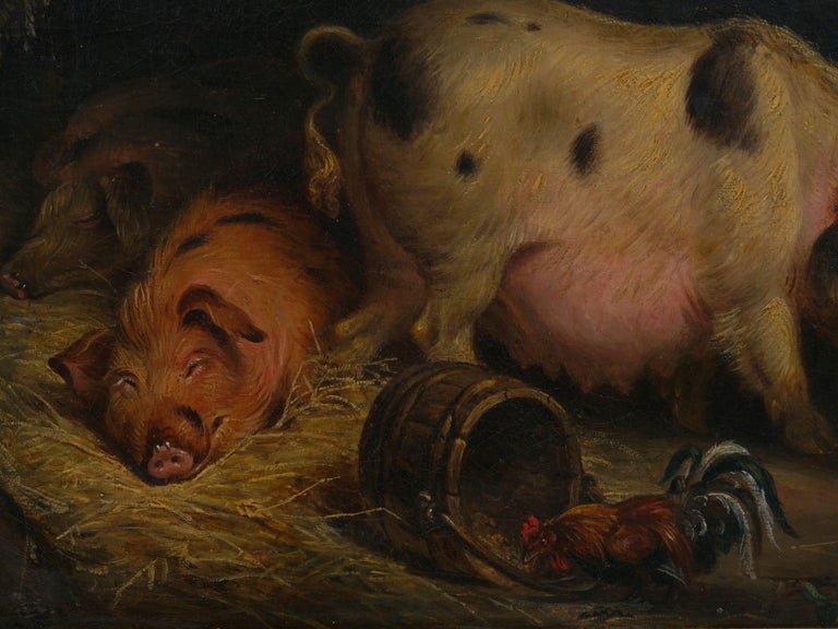 Boy And Pigs Sty British Antique Oil Painting Circle Of George