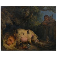 “Boy and Pigs Sty” British Antique Oil Painting, Circle of George Morland