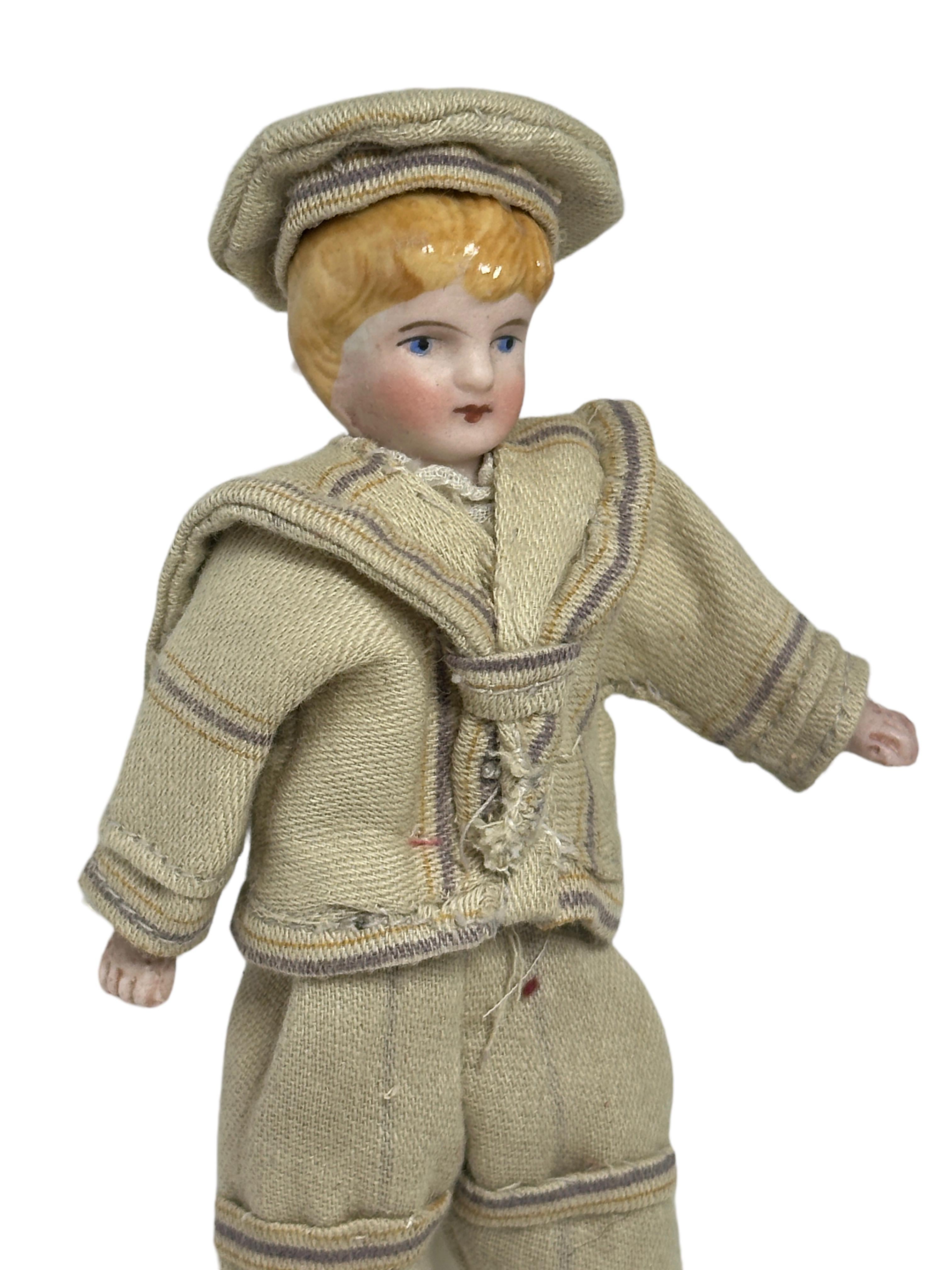Folk Art Boy dressed in Sailor Outfit Antique German Dollhouse Doll Toy 1900s For Sale