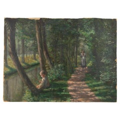 Boy Fishing Belgian Oil Painting 19th Century 