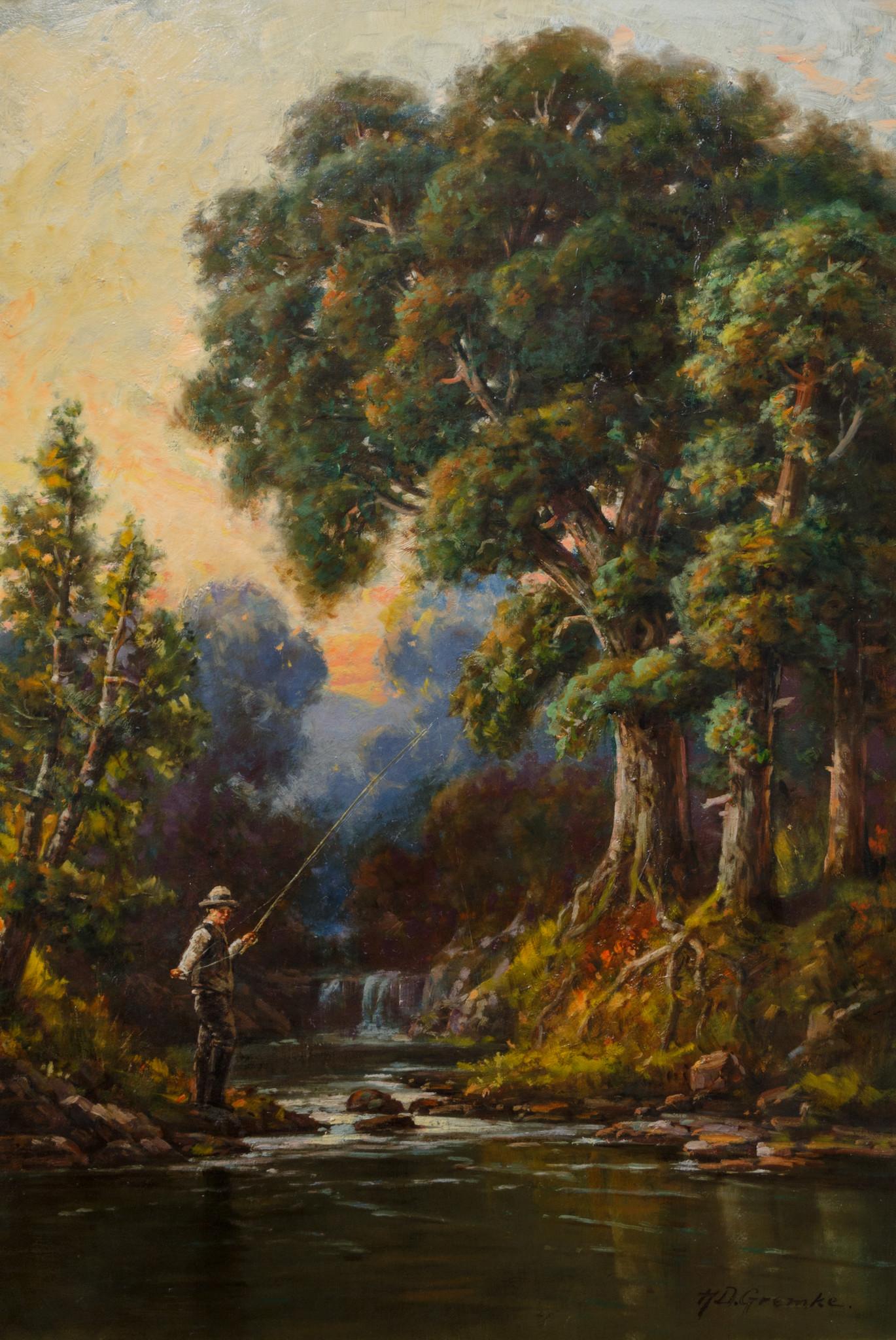 20ième siècle « Boy Fishing in Calm Stream » - Peinture à l'huile originale de Deidrich Henry Gremke en vente