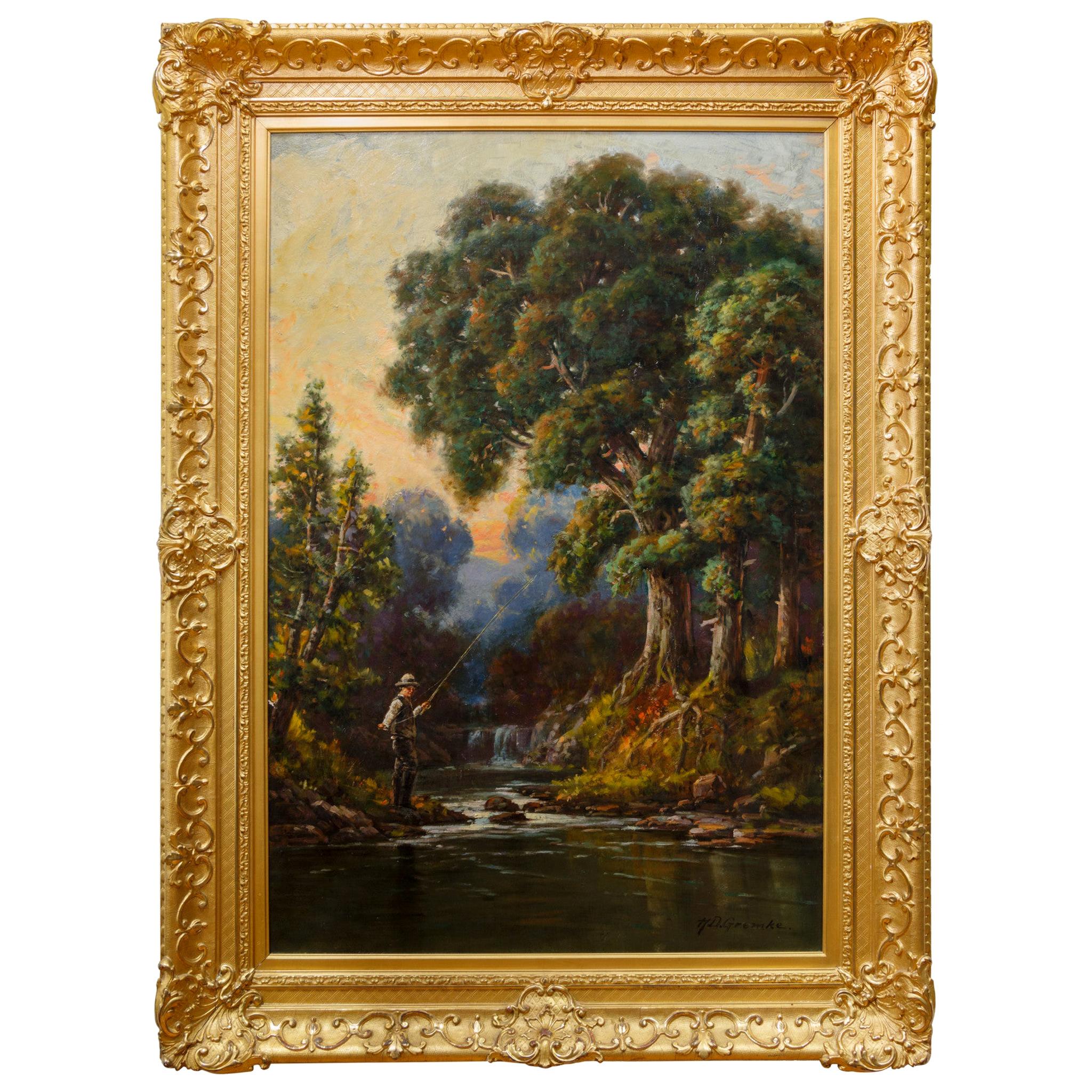 « Boy Fishing in Calm Stream » - Peinture à l'huile originale de Deidrich Henry Gremke en vente