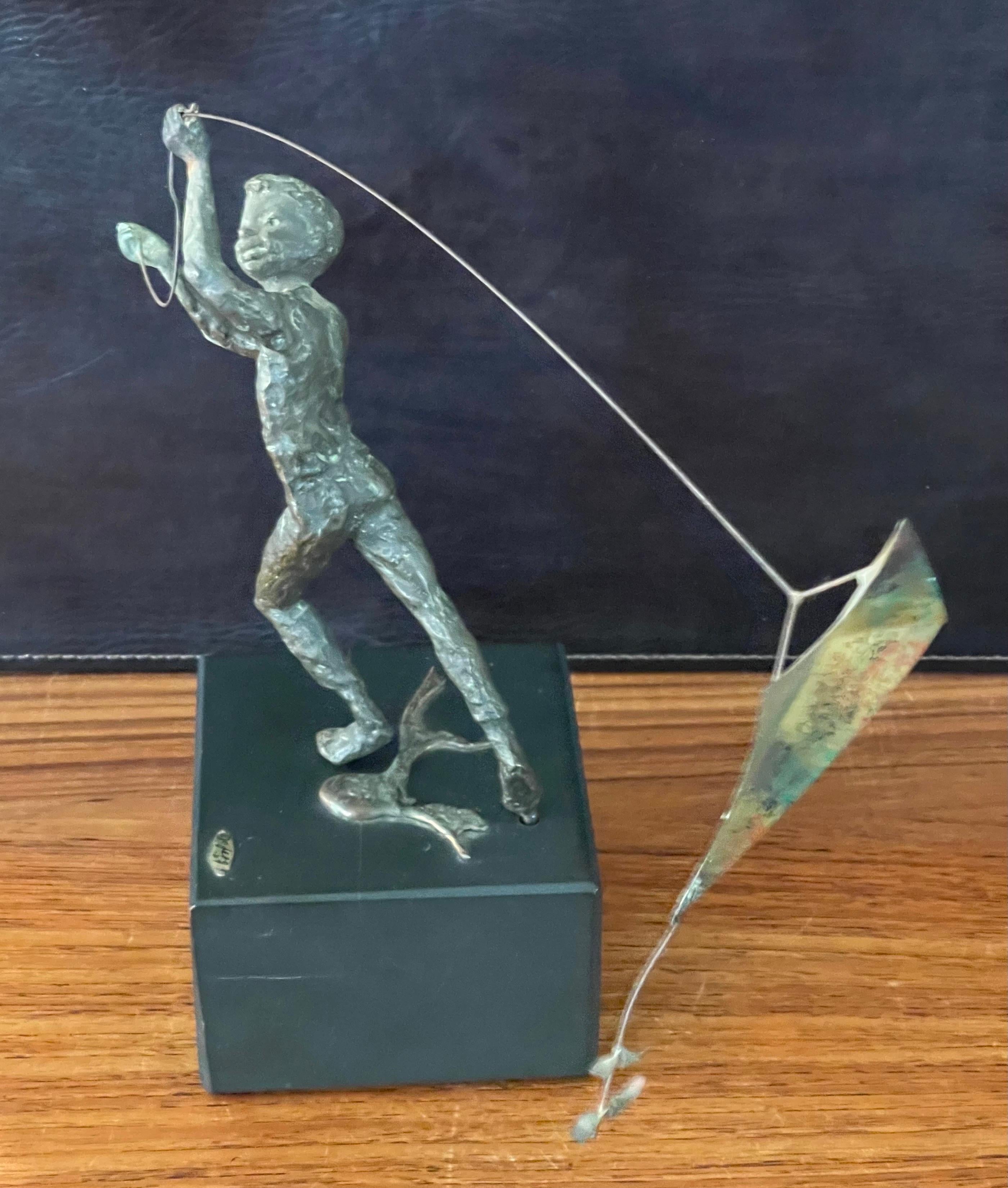 Boy Flying Kite Bronze on Wood Block Sculpture by Curtis Jere In Good Condition For Sale In San Diego, CA