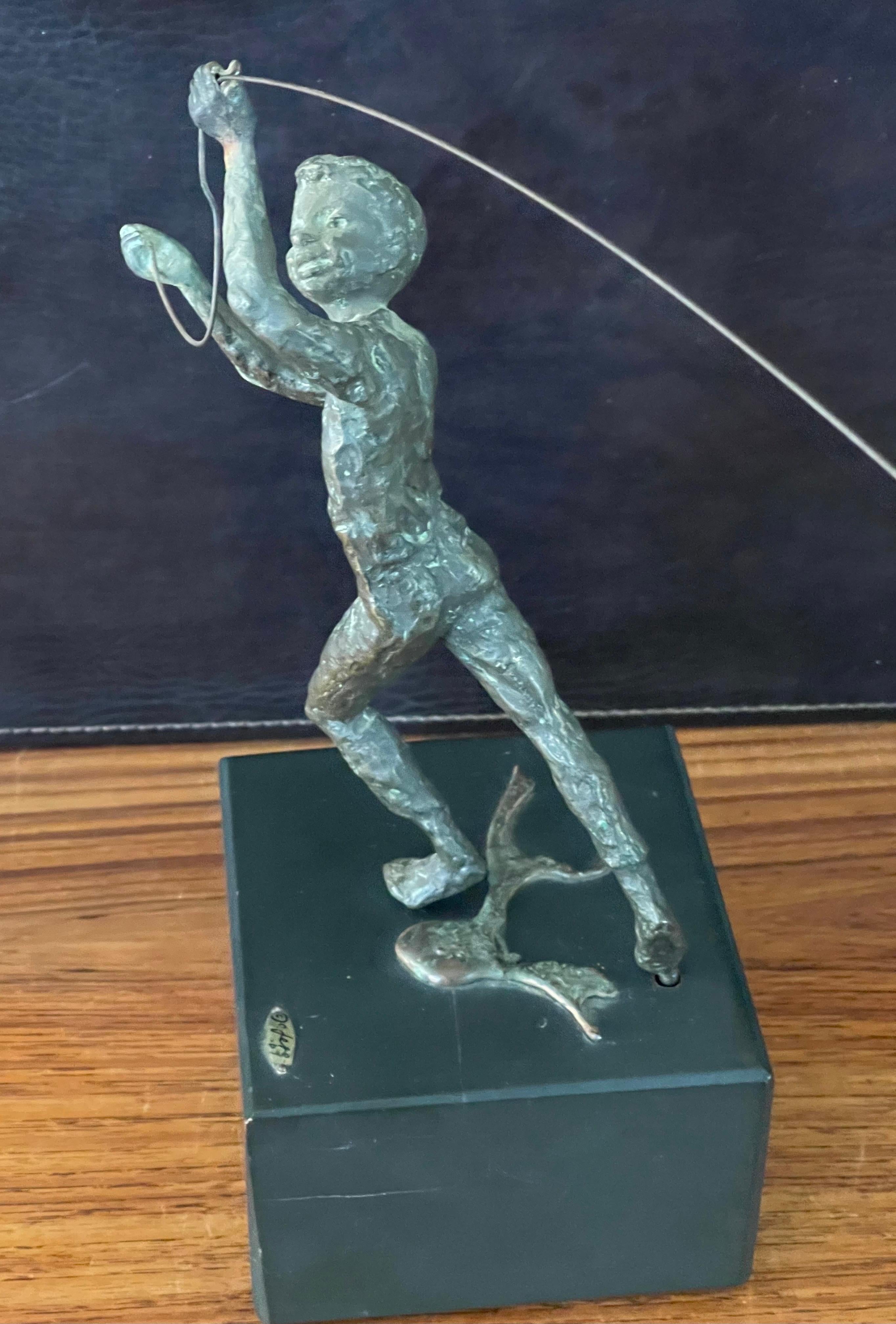 20th Century Boy Flying Kite Bronze on Wood Block Sculpture by Curtis Jere For Sale