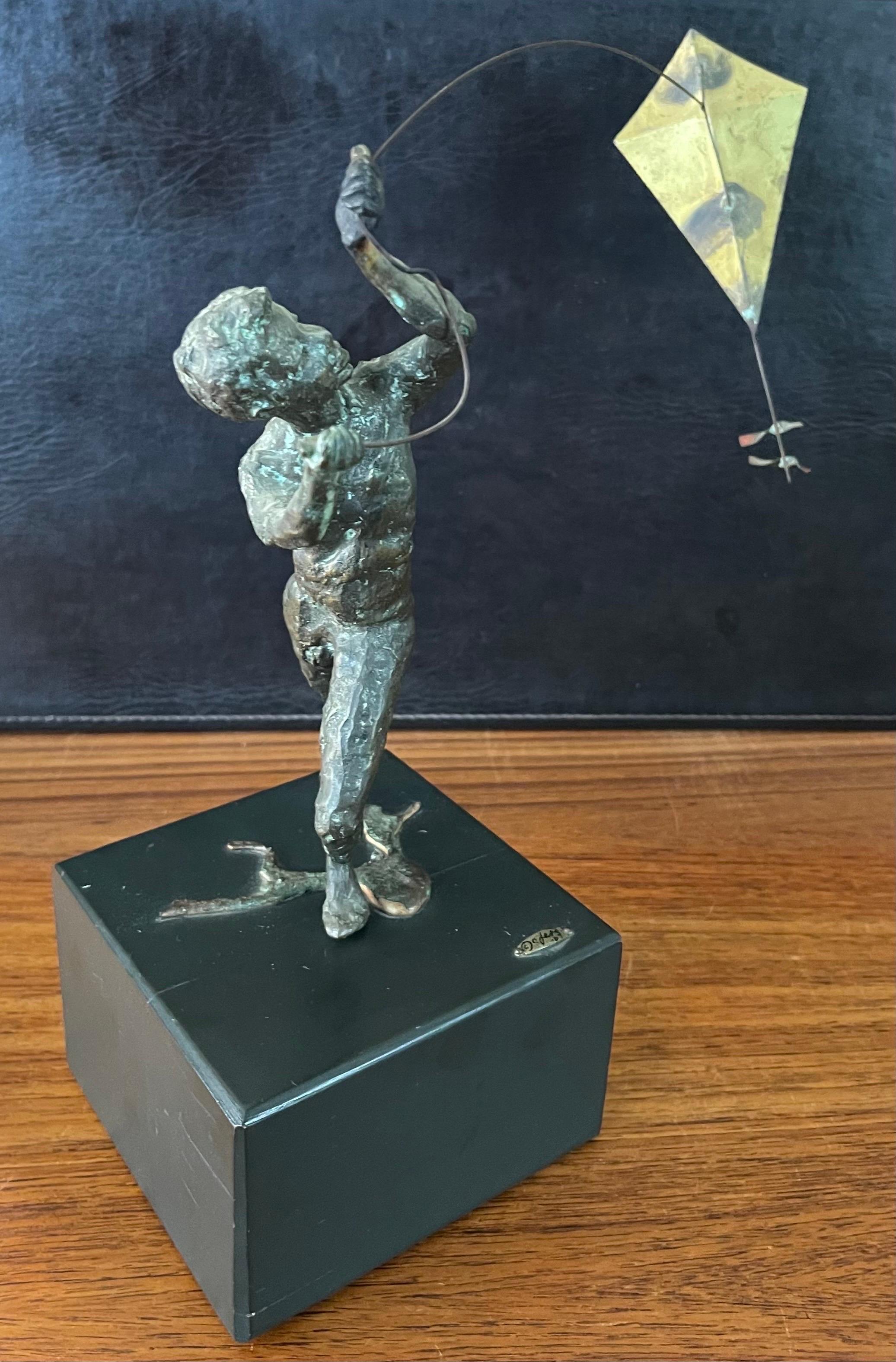 Boy Flying Kite Bronze on Wood Block Sculpture by Curtis Jere For Sale 1