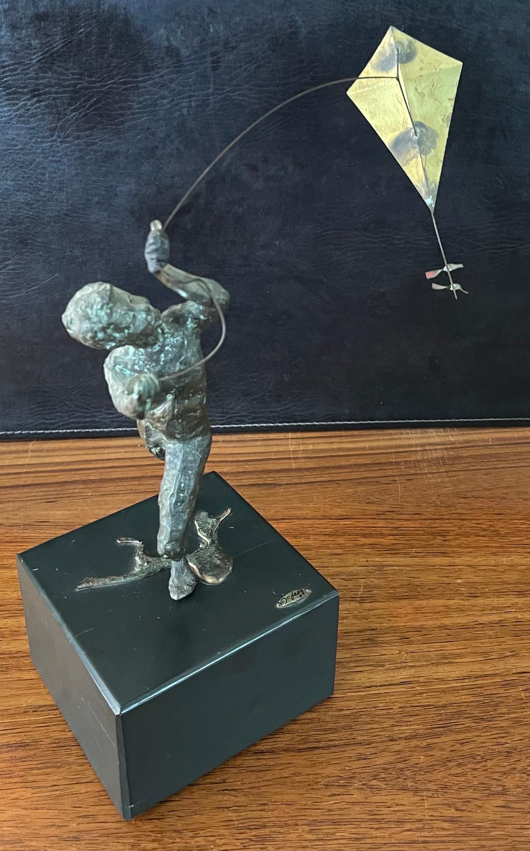 Boy Flying Kite Bronze on Wood Block Sculpture by Curtis Jere For Sale 2